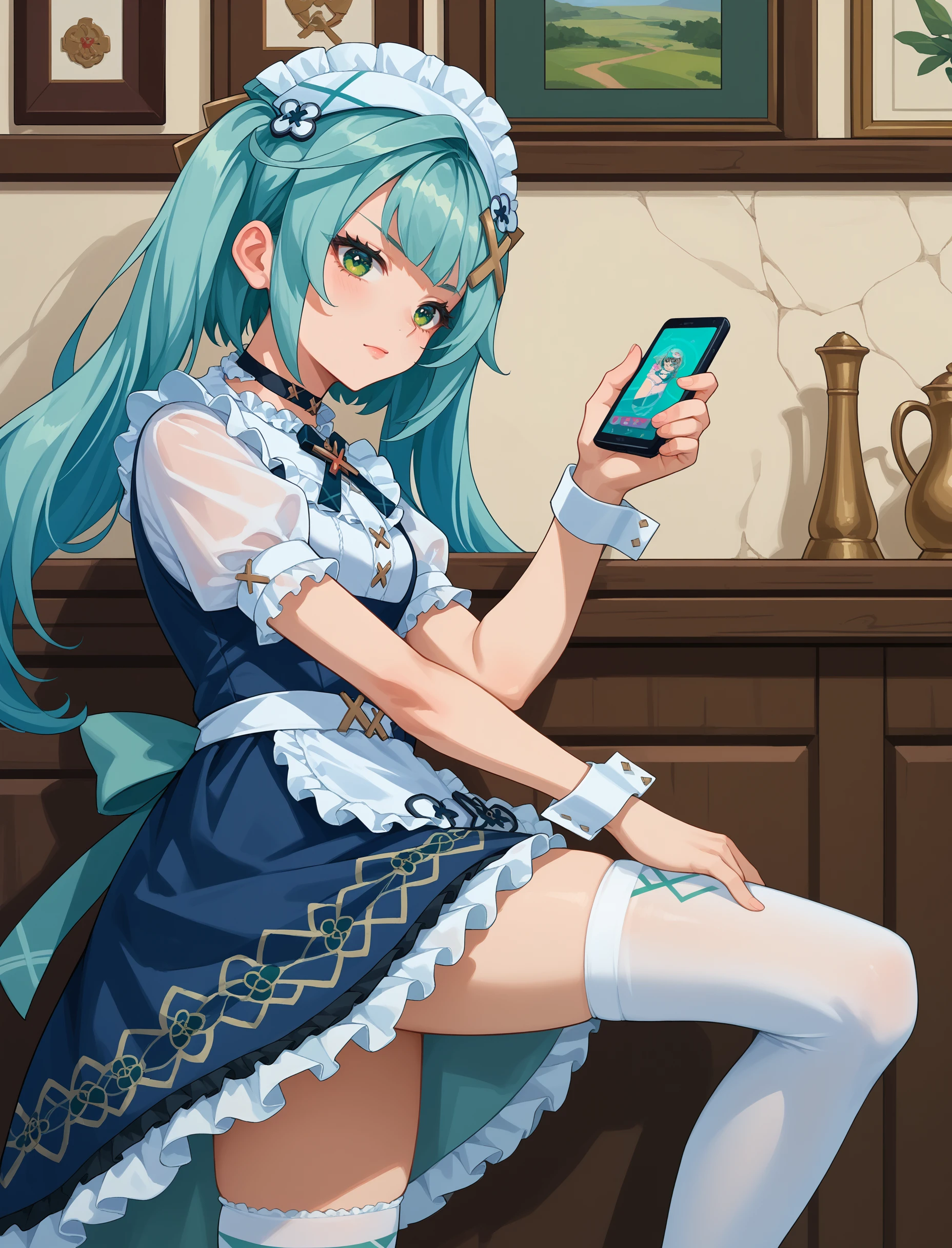 score_9, score_8_up, score_7_up, source_anime, <lora:wrenchGIFruzanCafe-000009:1>, wrnchgifrzncafe, long hair, green eyes, x hair ornament, aqua hair, twintails, 
frills, dress, puffy short sleeves, wrist cuffs, maid, maid headdress, maid apron, white apron, white wrist cuffs, white thighhighs, choker, frilled apron, breasts, 
wall, leaning on wall, side view, one leg up, holding phone,