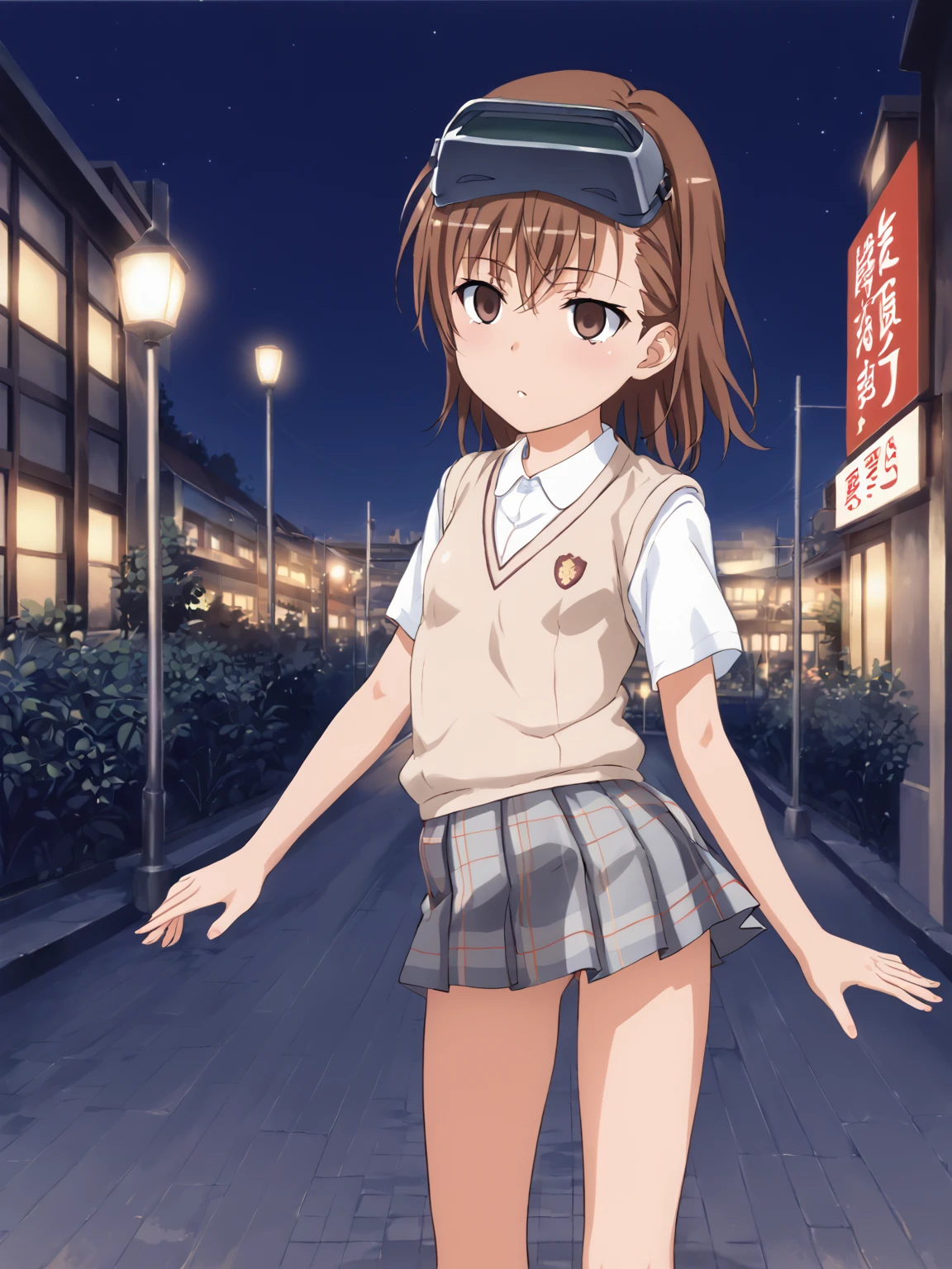 solo, <lora:misaka_imouto:1> misaka imouto,   1girl, small chest,, score_9, source_anime, score_8, , posing, (detailed:1.3),  <lora:pony_good_hands:1> good_hands,  5fingers, outside, city, night,   tokiwadai school uniform, imouto visor on head, empty eyes, general, gekoto pin