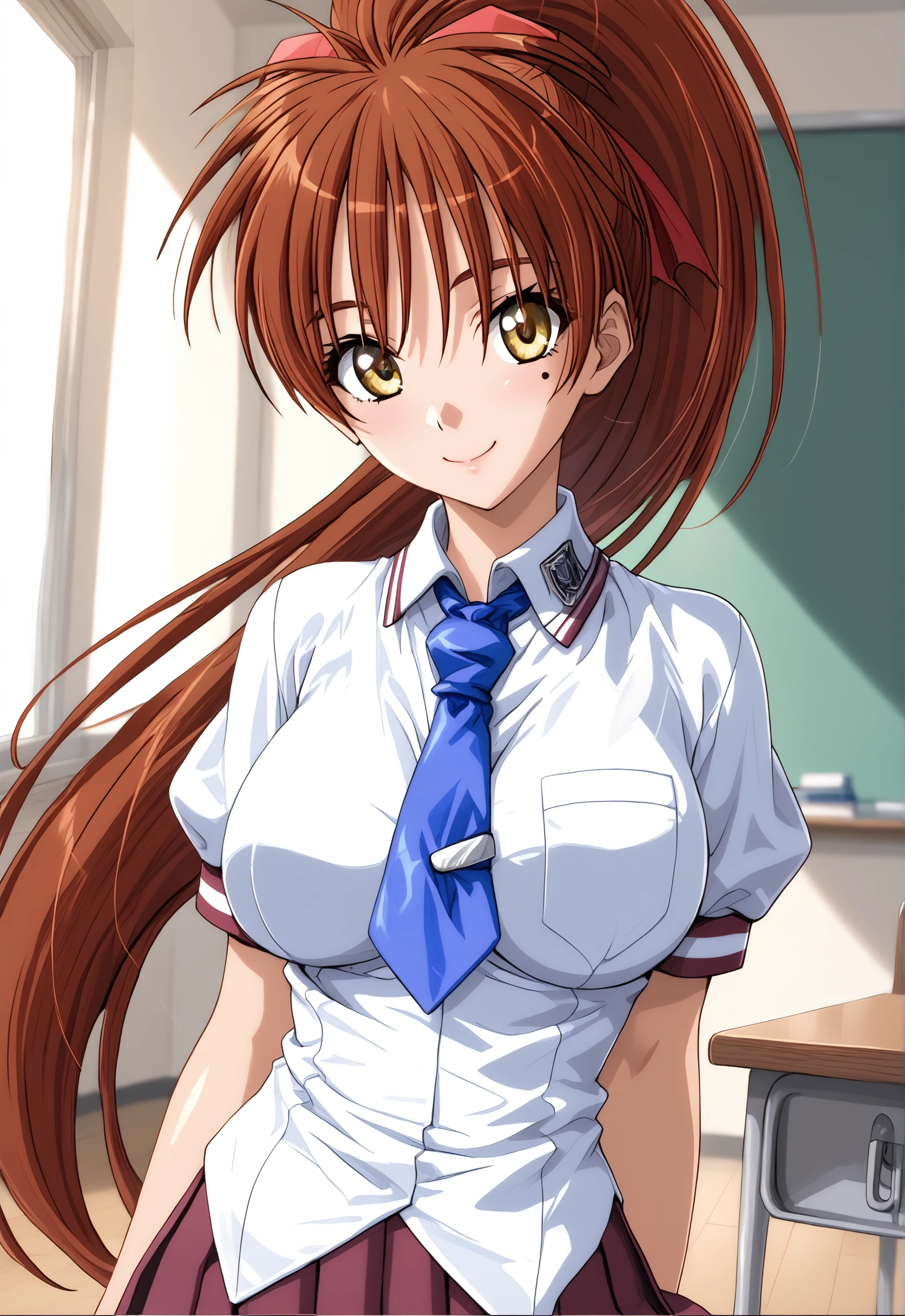 score_9, score_8_up, score_7_up, source_anime, shiny skin, shiny hair, 1girl, solo, indoors, classroom, <lora:KoumekaedePony_v10:0.9> KoumekaedePony, very long hair, brown hair, yellow eyes, big eyes, mole under eye,  ponytail, high ponytail, red hair ribbon,large breasts, sexy, glamor, school uniform, blue necktie,dark red skirt, white shirt, anime screencap, dutch angle, looking at viewer, smile, closed mouth, cowboy shot,
<lora:3Danimation_Disney_1.0:0.2> <lora:vivid_everclear:0.1> <lora:flat_sdxl:-0.4> <lora:Fixhands_anime_bdsqlsz_V1:1>