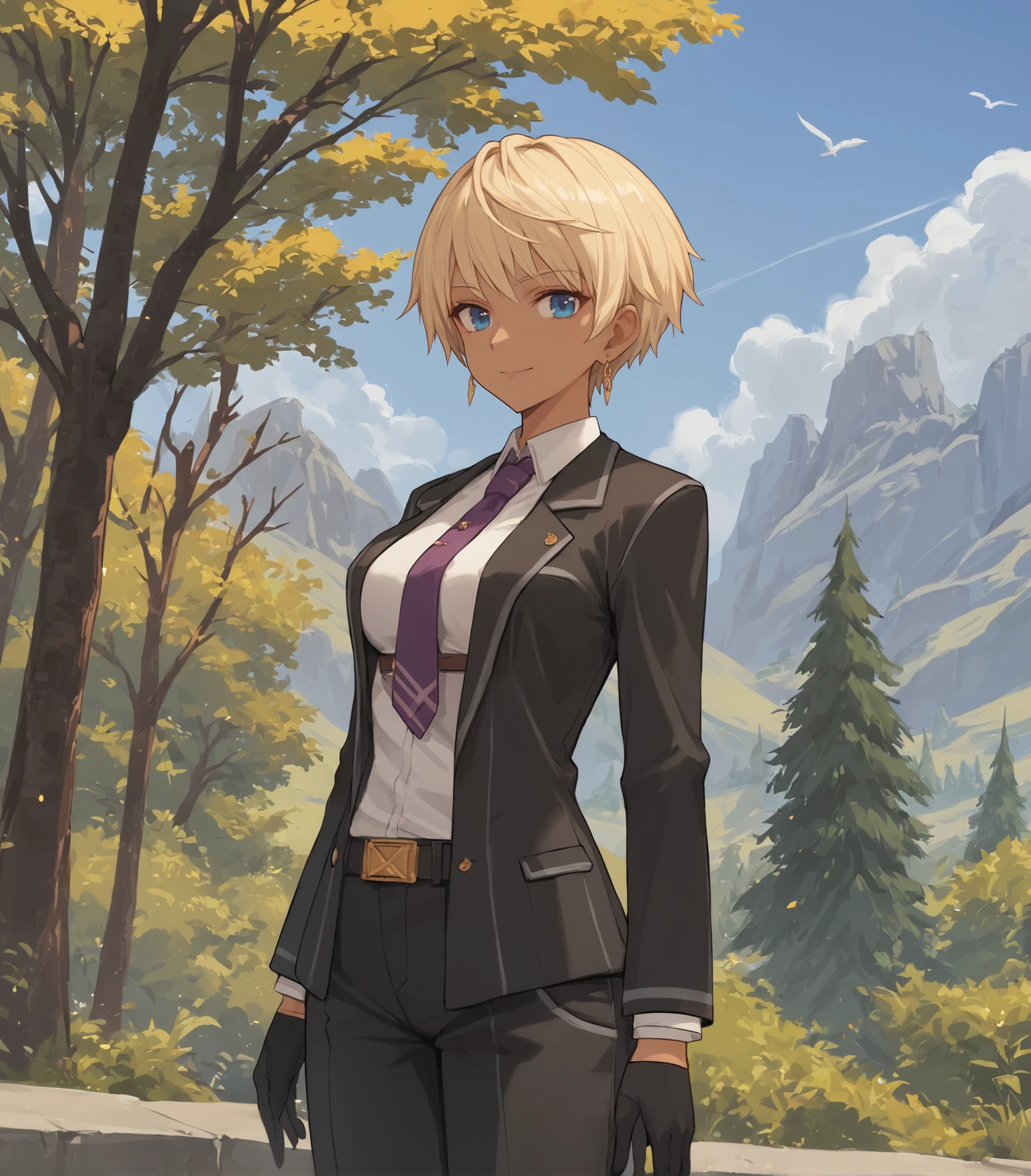 score_9, score_8_up, score_7_up, score_6_up, score_5_up, score_4_up, BREAK source_anime,
1girl, solo, cowboy shot , looking at viewer, smile, outdoors, sky, trees,
<lora:NajeBerca:0.9>, Naje Berca, blonde hair, short hair, blue eyes, medium breasts, dark skin, dark-skinned female, black suit, black gloves, black pants, purple neckwear, jewelry, earrings,