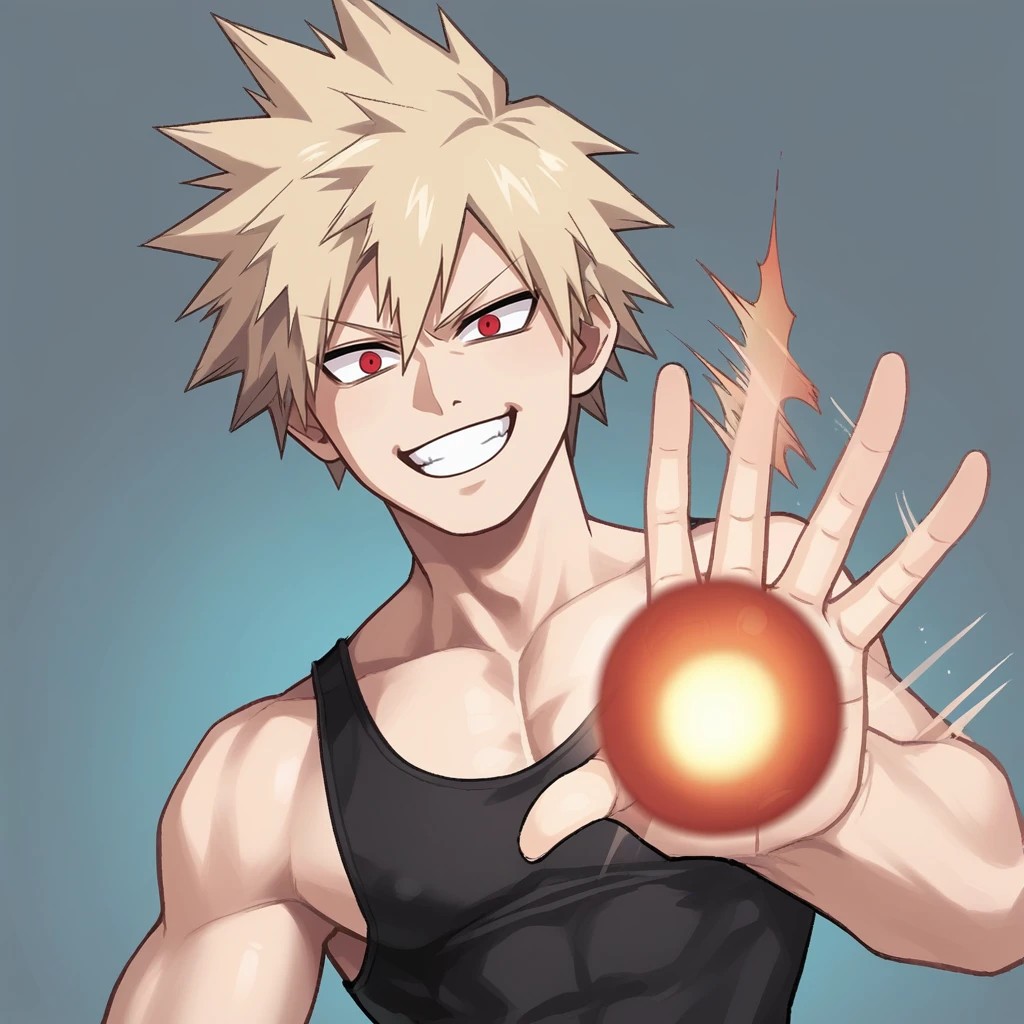 score_9, score_8_up, score_7_up, score_6_up, score_5_up, score_4_up, zPDXL2,source_anime,rating_questionable,1boy, bakugo kastuki, action lines, smile, close up, black tank top, red eyes, <lora:Big_Bang_Attack__Biden_Blast_Meme:0.8> b1gb4ng, looking at viewer, upper body,hand out, fire ball in hand, aura,