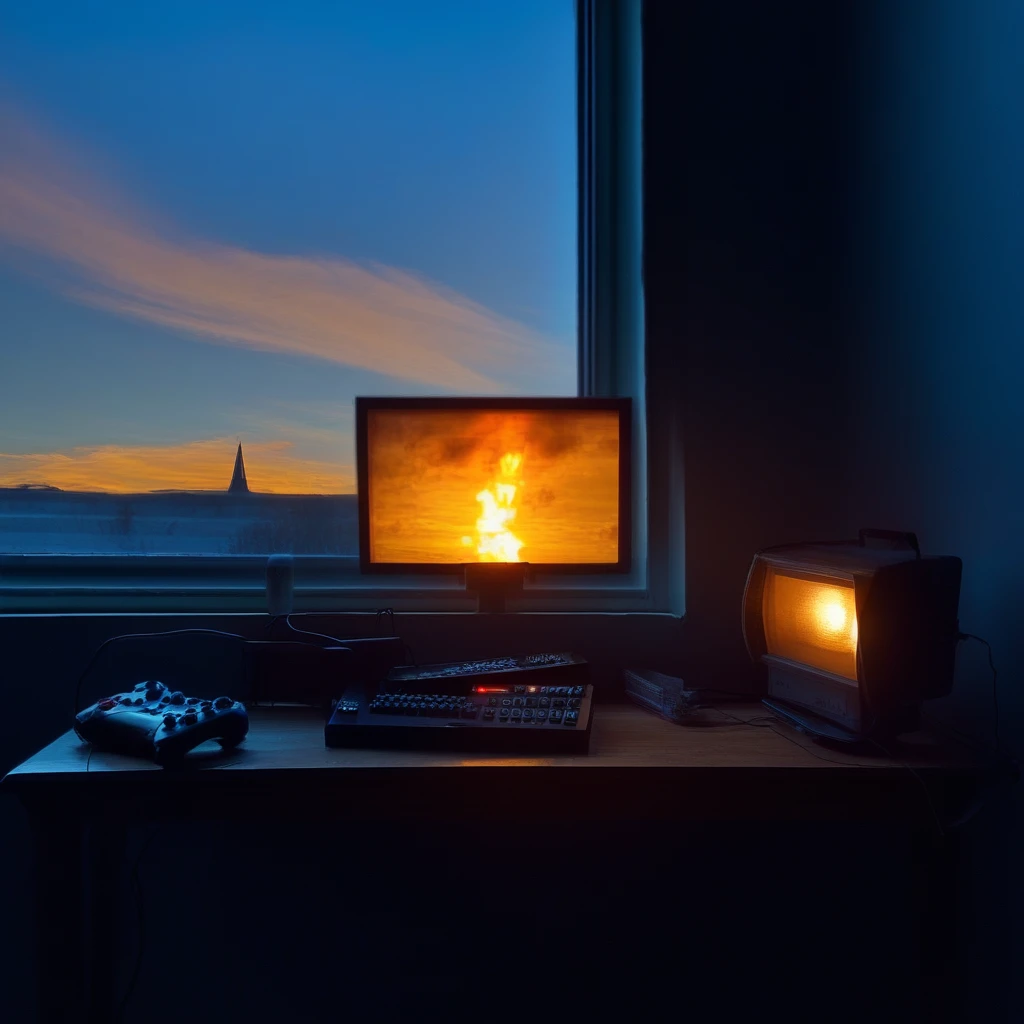 still life, building, sitting, sky, window, lamp, fire, blinds, controller, ground vehicle