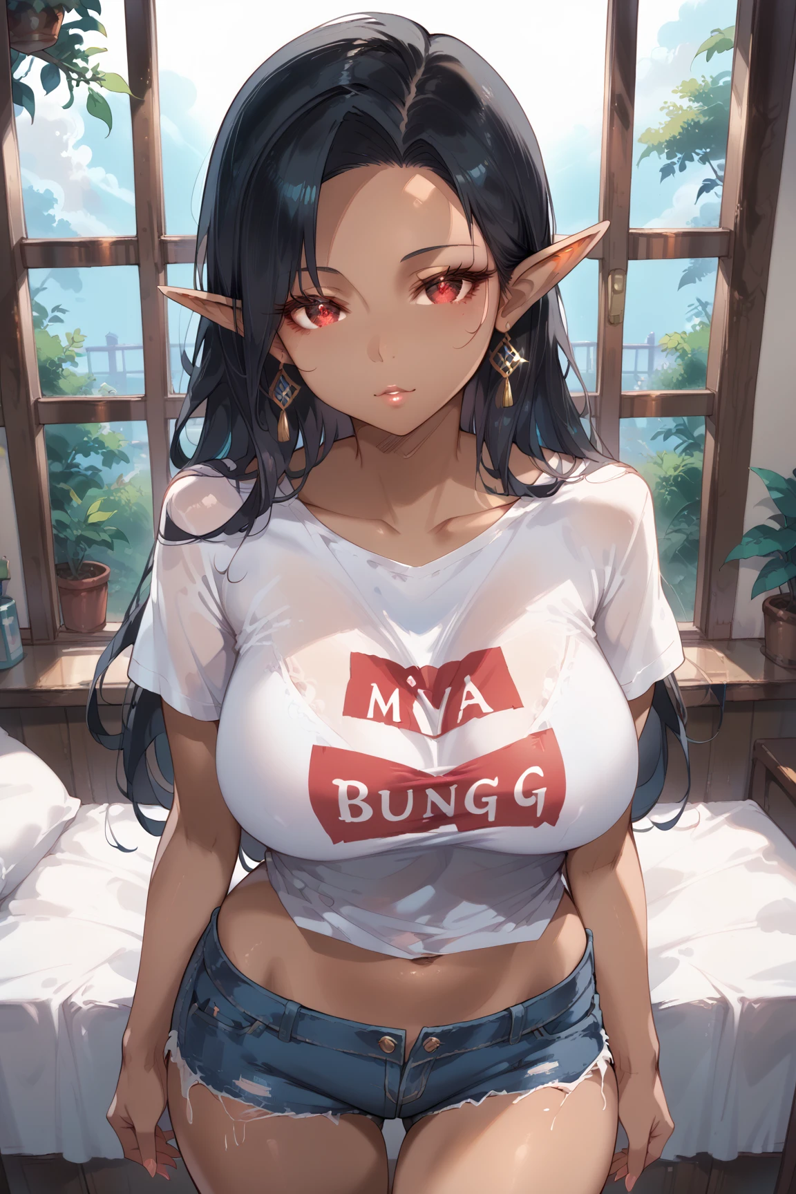 score_9, score_8_up, score_7_up, 1girl, solo, mature female, Rei_OC, black hair, long hair, big breast, red eyes, pointed ears, dark skinned female, white t-shirt, untugged shirt, navel, denim shorts, standing, window, sunshine,