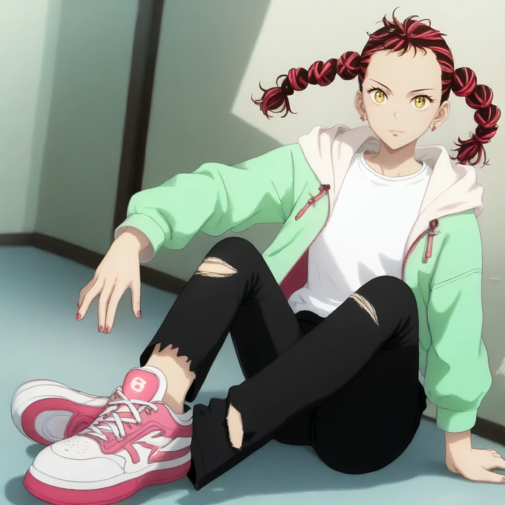 1girl, solo, sit <lora:azukiXLpony:1> haru, yellow eyes, red hair, multicolored hair, twin braids, earrings, pink nails, white shirt, green jacket, hood, black pants, torn pants, sneakers,