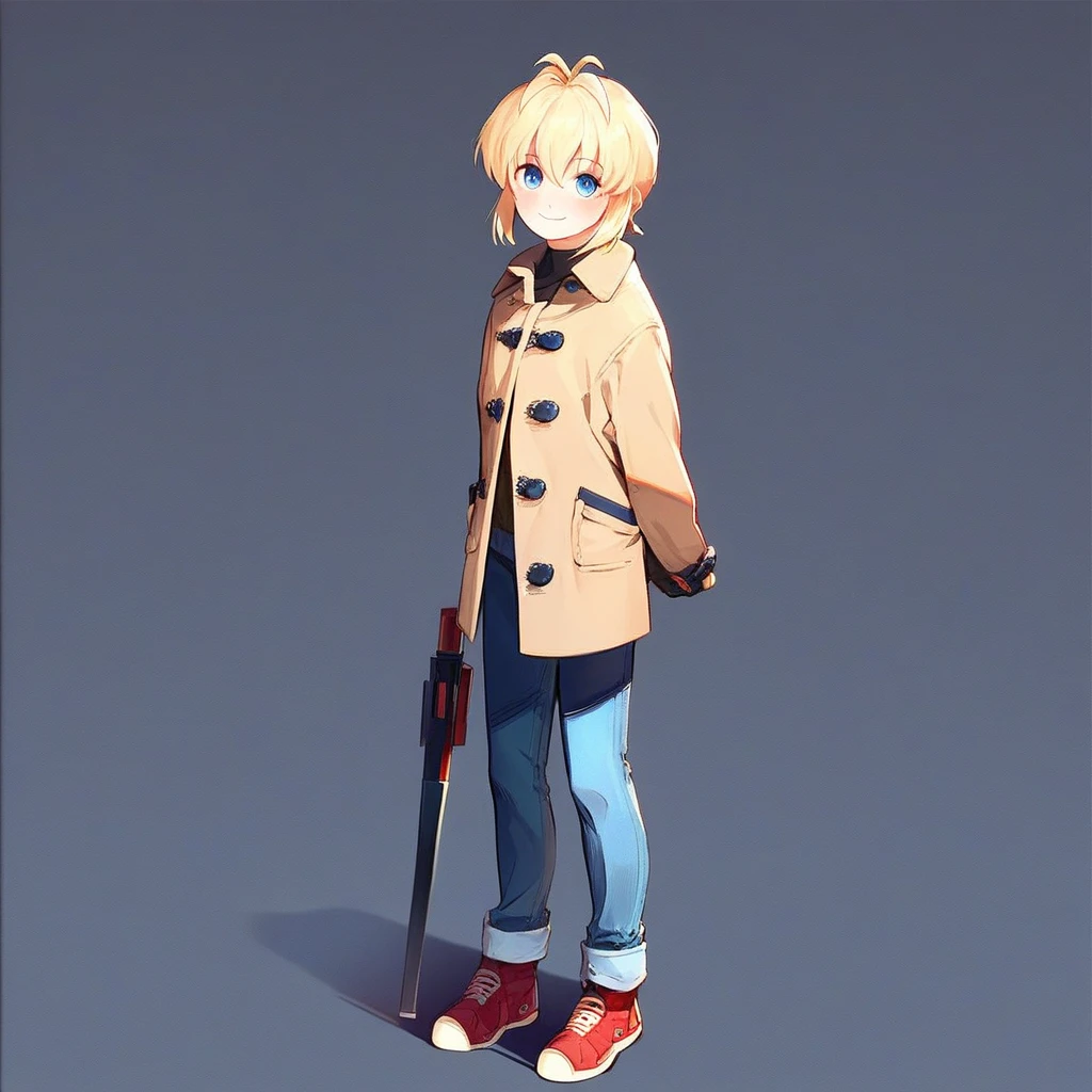 score_9, score_8_up, score_7_up, score_6_up, Rico, Gunslinger-Girl, 1girl, solo, looking at viewer, blush, smile, short hair, blue eyes, simple background, blonde hair, long sleeves, holding, hair between eyes, closed mouth, standing, jacket, full body, female focus, weapon, sidelocks, shoes, pants, coat, arms behind back, black background, antenna hair, denim, sneakers, red footwear, androgynous, pocket, jeans, blue pants, brown coat, general