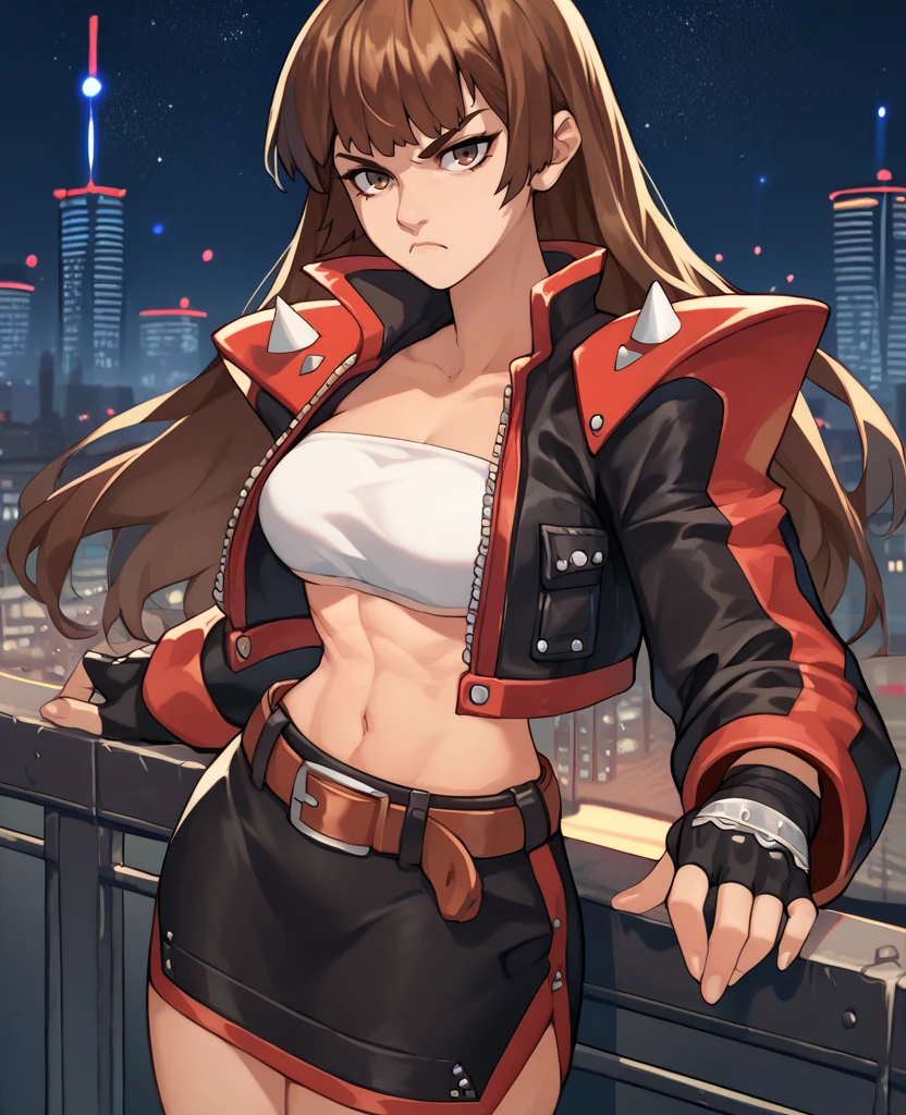 score_9,score_8_up,score_7_up,score_6_up,kirishimanagixl,brown hair,long hair,bangs,black cropped jacket,shoulder spikes,tube top,navel,long sleeves,belt,skirt, serious,   
fingerless gloves, looking at viewer,night,city,<lora:KirishimaNagiXL-F:0.8>,