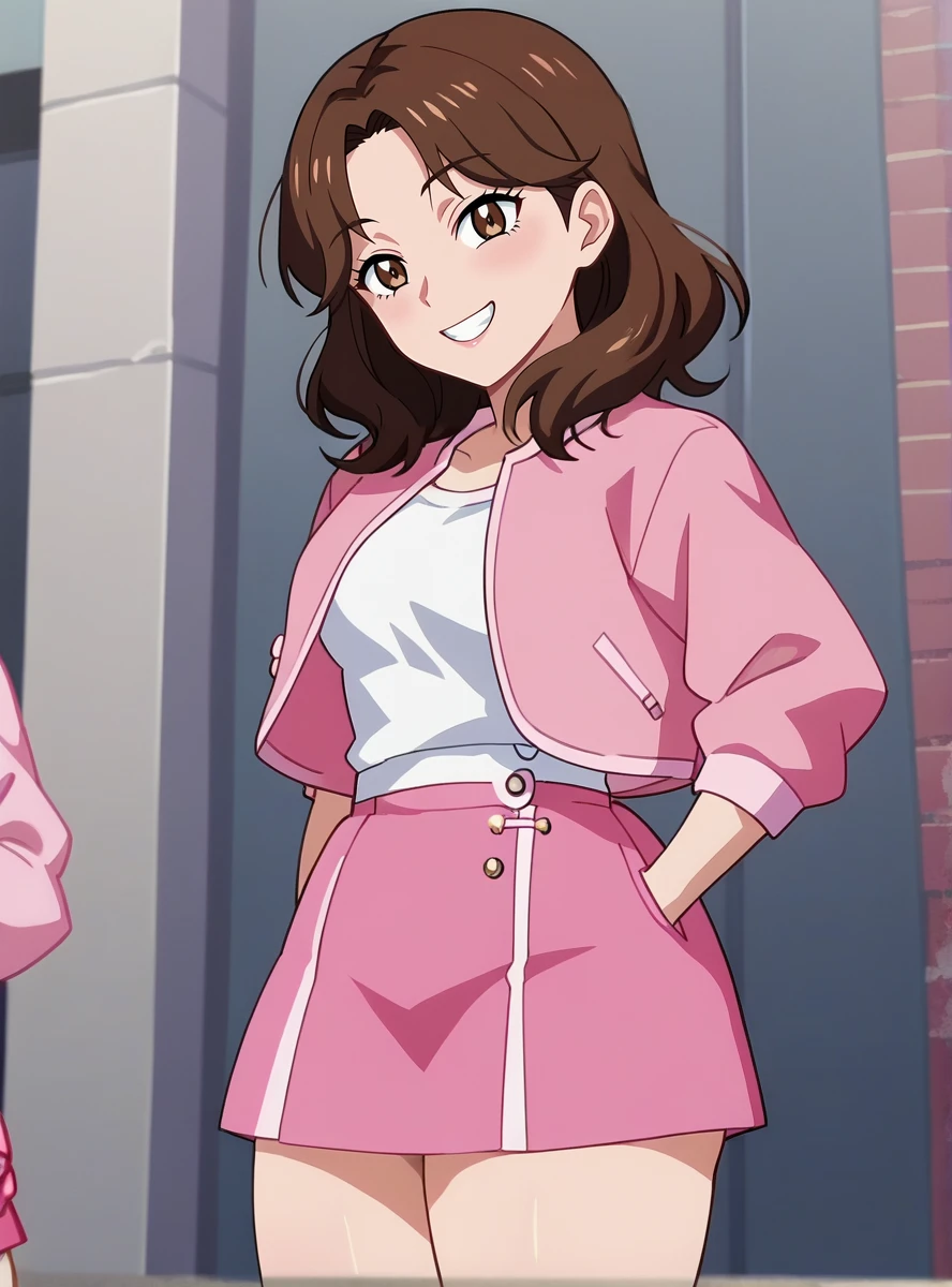 score_9, score_8_up, score_7_up, score_6_up,source_anime, ((anime screencap)), <lora:momoiakira-000010:0.9>momoiakira, 1girl, brown hair, skirt, brown eyes smile, thick thighs,  pink jacket,standing,