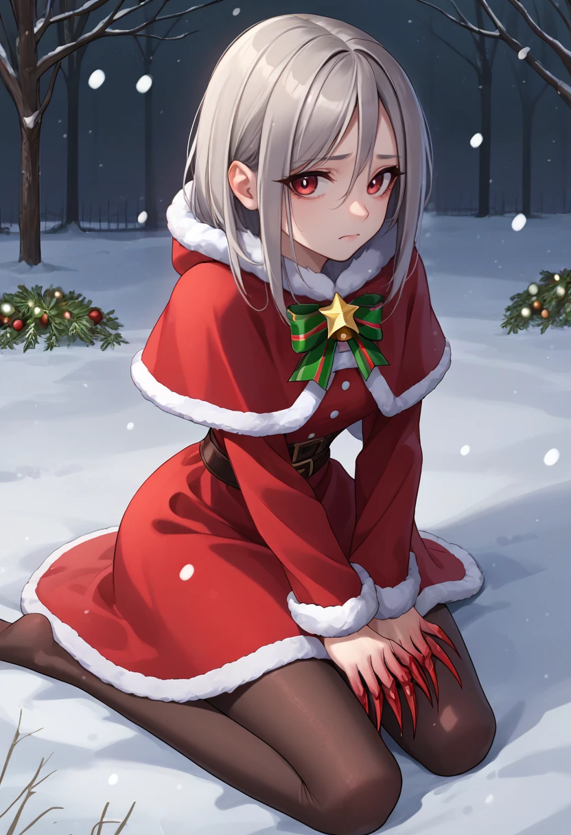 score_9, score_8_up, score_7_up, source_anime, solo, 1girl, l4dwitch, grey skin, claws, sad, looking at you, kneeling, grey hair, christmas, fur trim, red capelet, fur-trimmed capelet, red dress, fur-trimmed dress, long sleeves, white pantyhose, snowing, outdoors <segment:yolo-face_yolov8m.pt,0.4,0.5>