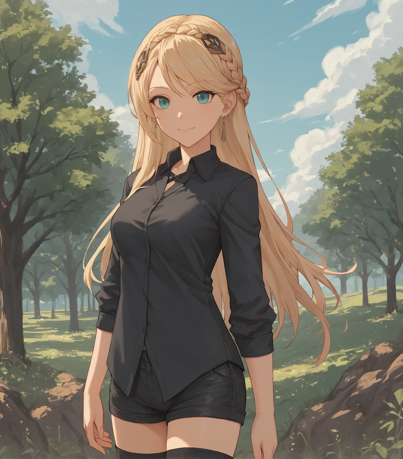 score_9, score_8_up, score_7_up, score_6_up, score_5_up, score_4_up, BREAK source_anime,
1girl, solo,  cowboy shot  looking at viewer, smile, outdoors, sky, trees, 
 <lora:ElaineAuclairCasual:0.9> Elaine Auclair, aqua eyes, blonde hair, long hair, braid, hair ornament, medium breasts, earrings, black shirt, black shorts, black thighhighs, boots,