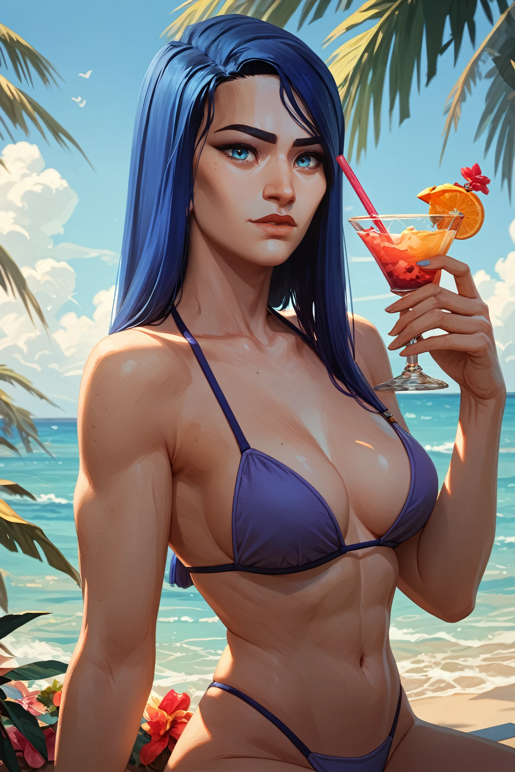 score_9, score_8_up, score_7_up, score_6_up
<lora:ALCaitlyn:1.0>
ALCaitlyn, 1girl, blue hair, long hair, blue eyes, looking at viewer, at a beachside resort, bikini, holding a colorful cocktail