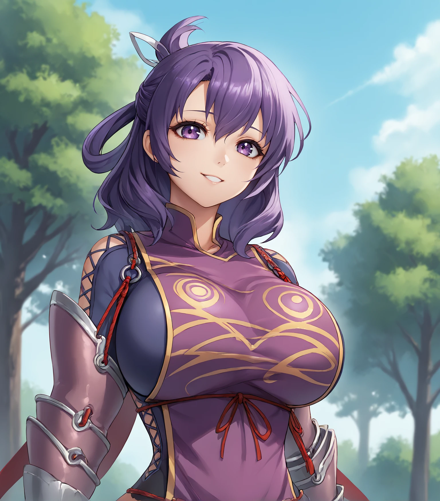 score_9, score_8_up, score_7_up, score_6_up, score_5_up, score_4_up, BREAK source_anime,
1girl, solo,  <lora:RixiaMao:0.9>, Rixia Mao, dark purple hair, medium hair, half updo, purple eyes, huge breasts, tabard, armored boots, thighhigh boots, armored gauntlet, pelvic curtain,
upper body, portrait, looking at viewer, smile, outdoors, sky, trees, 
<lora:Racoonkun_Artist_Style:0.6>, racoonsan,,