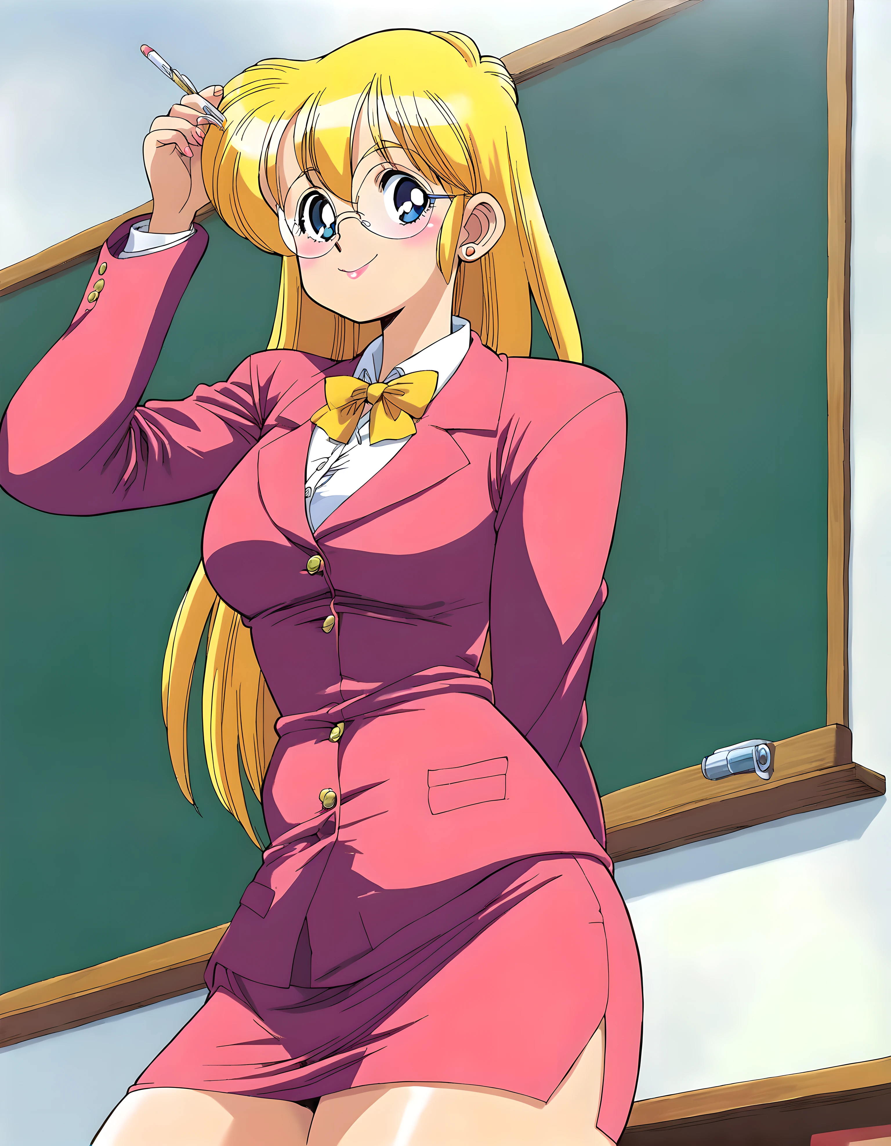 <lora:pony_xl_runa:0.9>,runa,score_9,source_anime,source_anime,1girl,solo,round_eyewear,teacher,long hair,no makeup,suit,jacket,bowtie,pencil skirt,standing,smile,classroom,chalkboard,chalk,looking_at_viewer,cowboy_shot,