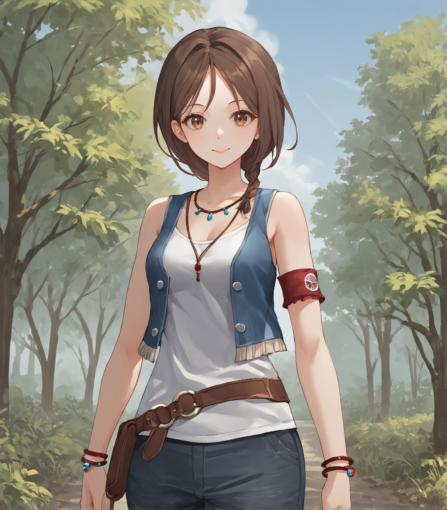 score_9, score_8_up, score_7_up, score_6_up, score_5_up, score_4_up, BREAK source_anime,
1girl, solo, cowboy shot , looking at viewer, smile, outdoors, sky, trees,
<lora:pottsness_style_xl:0.9>, <lora:rhasta:0.6>,
<lora:HalColeman:0.9>, Hal Coleman, brown hair, short hair, braided ponytail, brown eyes, medium breasts, jewelry, blue vest, white camisole, brown belt, grey miniskirt, red armband, bracelet, red sandals,