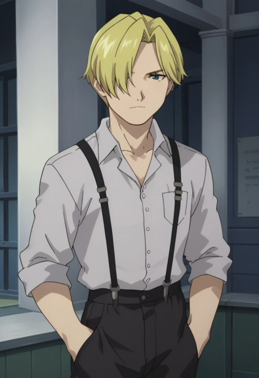 score_9, score_8_up, score_7_up, source_anime, highly detailed, 
russelltringham, 1boy, solo, male focus, blonde hair, blue eyes, suspenders, shirt, upper body, pants, hand in pocket, black pants, white shirt, collared shirt, standing, hair over one eye,  looking at viewer,
indoor,