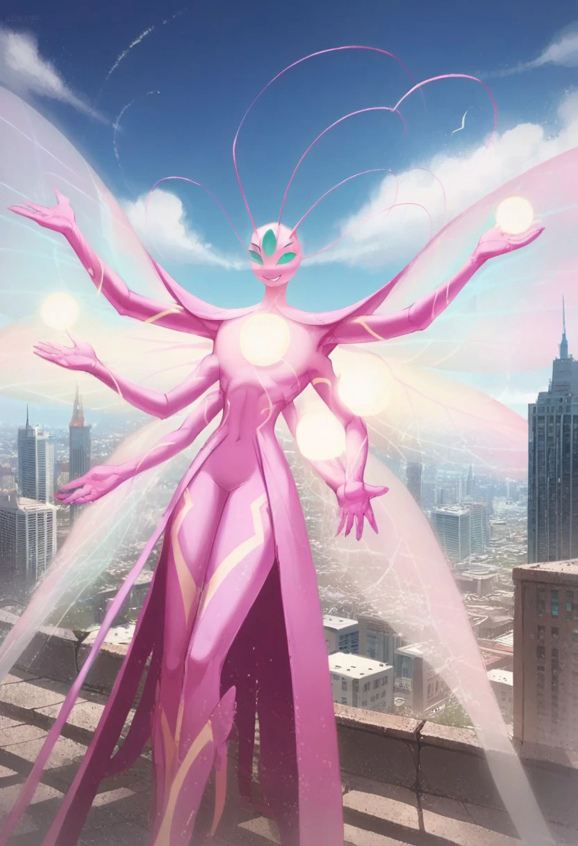 BREAK score_9, score_8_up, score_7_up, source_anime, (seen from afar), 1girl, gimmi_reality, anthro, pink skin, 4 wings, 5 eyes, turquoise eyes, 4 antennas, 6 hands, day, (city ​​in the background),