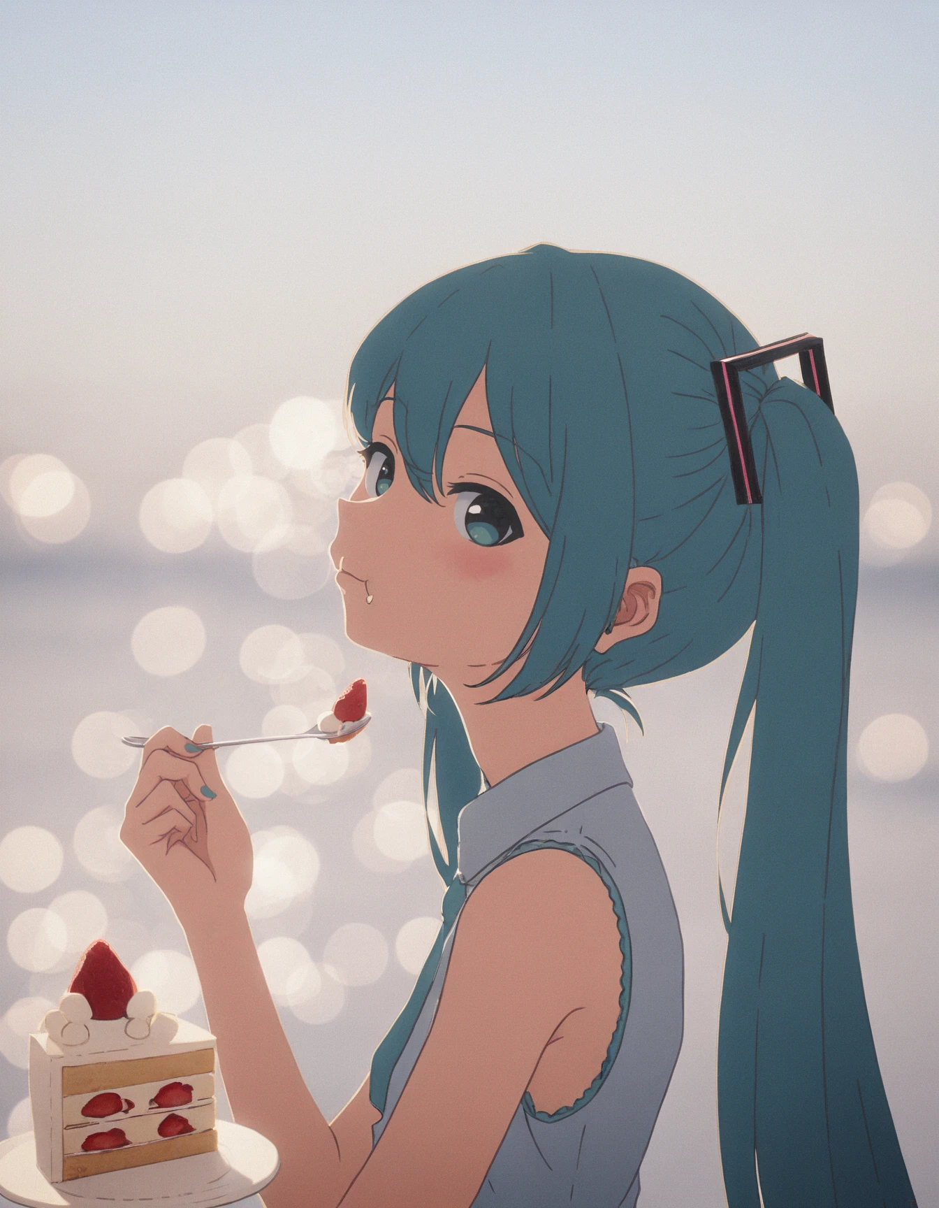 1girl, solo, upper body, from side, holding spoon, hatsune miku, looking at viewer, eating, cake, strawberry, bokeh, day, <lora:nkymyura:1>