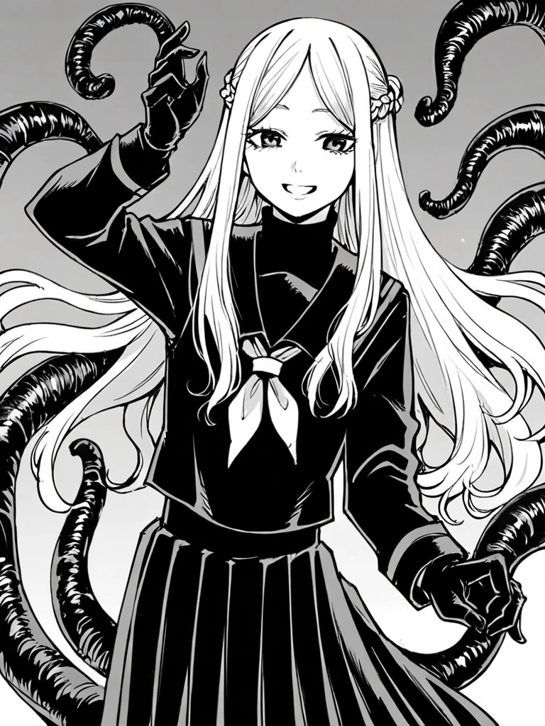 score_9, score_8_up, score_7_up, 
1girl, monochrome, ichijou michiru, white hair, long hair,  parted bangs, french braid,

turtleneck, school uniform, black serafuku, long sleeves, long skirt, black skirt, black gloves, 
tentacles,

looking at viewer, smile, open mouth, naughty face, creepy,