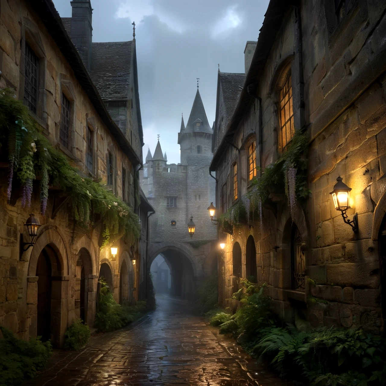 Masterpiece, raw photo, high quality, Title: "The Whispering Walls of Wysteria" Prompt: The rain-soaked streets of Wysteria, a medieval town nestled in the heart of a dense forest, are bathed in a warm golden light as the sun sets. The townspeople hurry to find shelter from the torrential downpour, their footsteps echoing off the ancient stone buildings. As the rain intensifies, rumors begin to spread like wildfire: strange noises can be heard emanating from the town's oldest and most mysterious structure, the Whispering Walls of Wysteria. Some claim to have seen ghostly apparitions flitting about the castle's battlements, while others whisper tales of hidden treasures and ancient curses. As night falls, a young apprentice named Emilia, tasked with delivering a vital message to the town's lord, becomes trapped in the Whispering Walls' labyrinthine passages. As she navigates the treacherous corridors, she stumbles upon cryptic symbols etched into the stone walls, hinting at an ancient mystery waiting to be uncovered. As Emilia delves deeper into the castle's secrets, she must confront the whispers of Wysteria's troubled past and the dark forces that lurk in the shadows. Will she uncover the truth behind the mysterious sounds, or will the Whispering Walls claim her as their own? Genre: Fantasy, Mystery, Keywords: Medieval, mystery, adventure, whispering walls 8k, 16k, uhd, sharp lines, (lots of details:1.2), extremely detailed, absurdres, intricate detailed, cinematic scene, best quality, high detailed, ultra sharp, photorealistic, award winning,