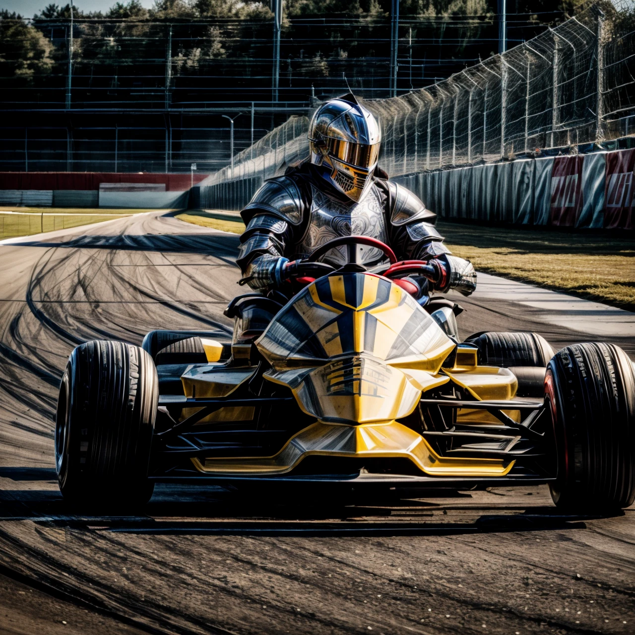 driving, go-kart, racetrack, <lora:modernknight:0.6>, modernknight, knight, armor, helmet, armored gloves, very detailed, <lora:more_details:0.6>, high quality, highres, masterpiece, best quality, 8k, intricate, detailed, <lora:add_detail:0.6>