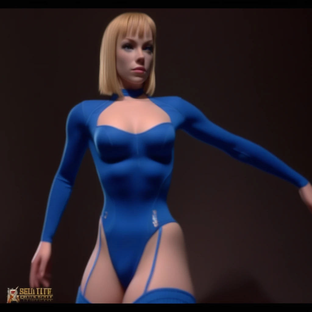 A closeup of Kelly O'Lenmey's upper body while she is wearing her blue bodysuit leotard