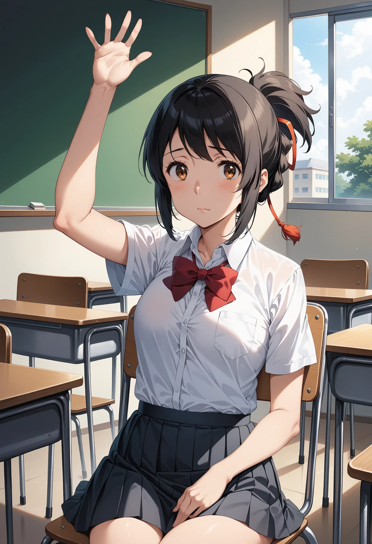 (masterpiece, best quality, very aesthetic, ultra detailed), intricate details, 4k, aamitsuha, black hair, short ponytail, hair ribbon, brown eyes, school uniform, red bowtie, collared shirt, white shirt, short sleeves, pleated skirt, black skirt, <lora:miyamizu_mitsuha_animagine_v1:0.9>, classroom, sitting, on chair, waving,