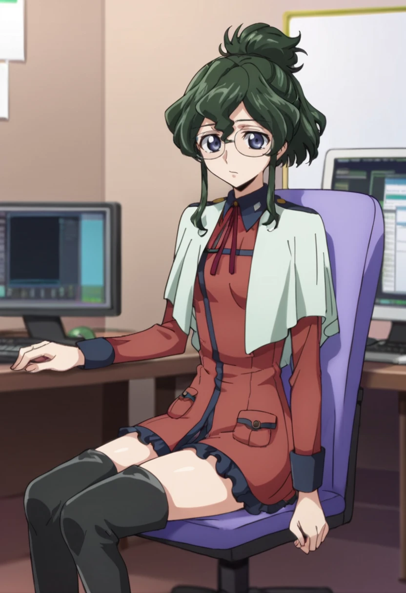 score_9,score_8_up,score_7_up,anime coloring BREAK source_anime,anime,<lora:Nina_Einstein_Code_Geass:0.8>,ninar2,1girl,solo,blue eyes,green hair,hair bun,glasses,uniform,cape,thigh boots,black footwear,thinking,sitting,typing,indoors,Computer Lab,desk,chair,computer,looking at viewer,