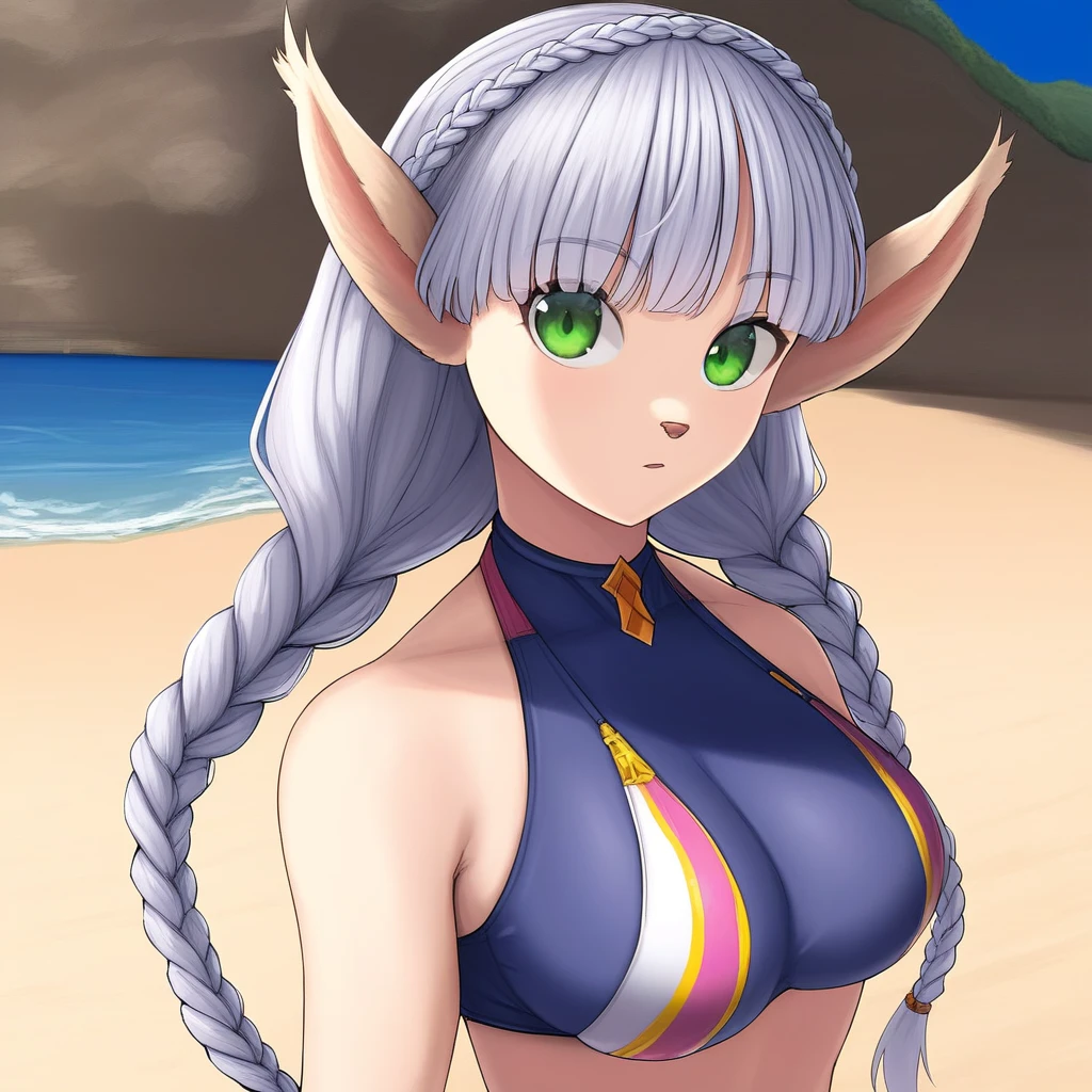 Stella, animal ears, pointy ears, animal nose, green eyes, Lavender hair, bangs, braids, long twin braids, swimsuit, beach,