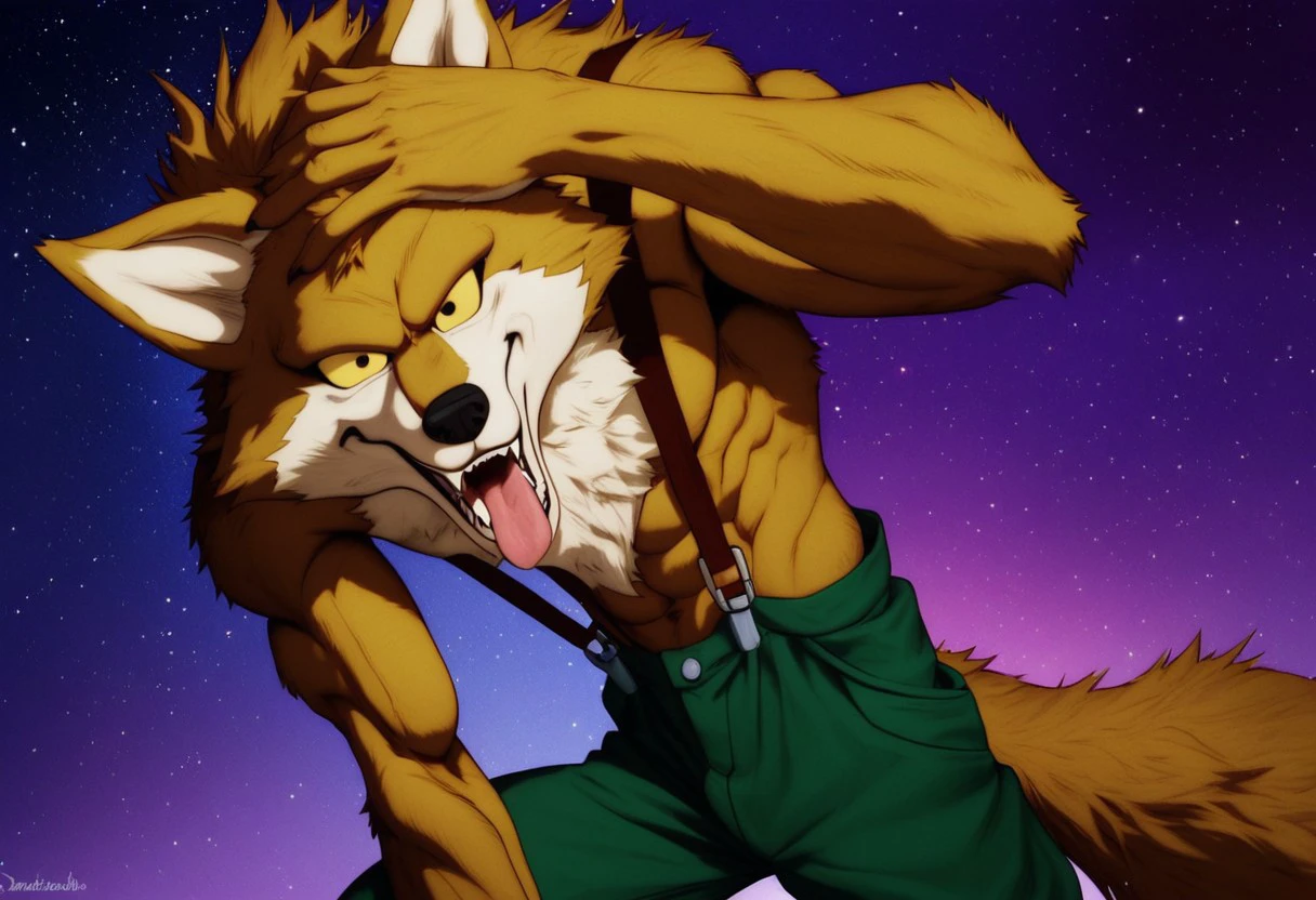 score_9, score_8_up, score_7_up, 1boy, solo, Expressiveh, style of akira toriyama, (LavenderDBS, Anthro, furry, wolf, yellow sclera, black nose, gold fur, fangs, green pants, suspenders, short pants, crazy smile), side view, looking at viewer, tail, open mouth, tongue out, leaning forward, hand on own head, purple background, space, stars,  detailed background, 4k, masterpiece, best quality, highly detailed, realistic