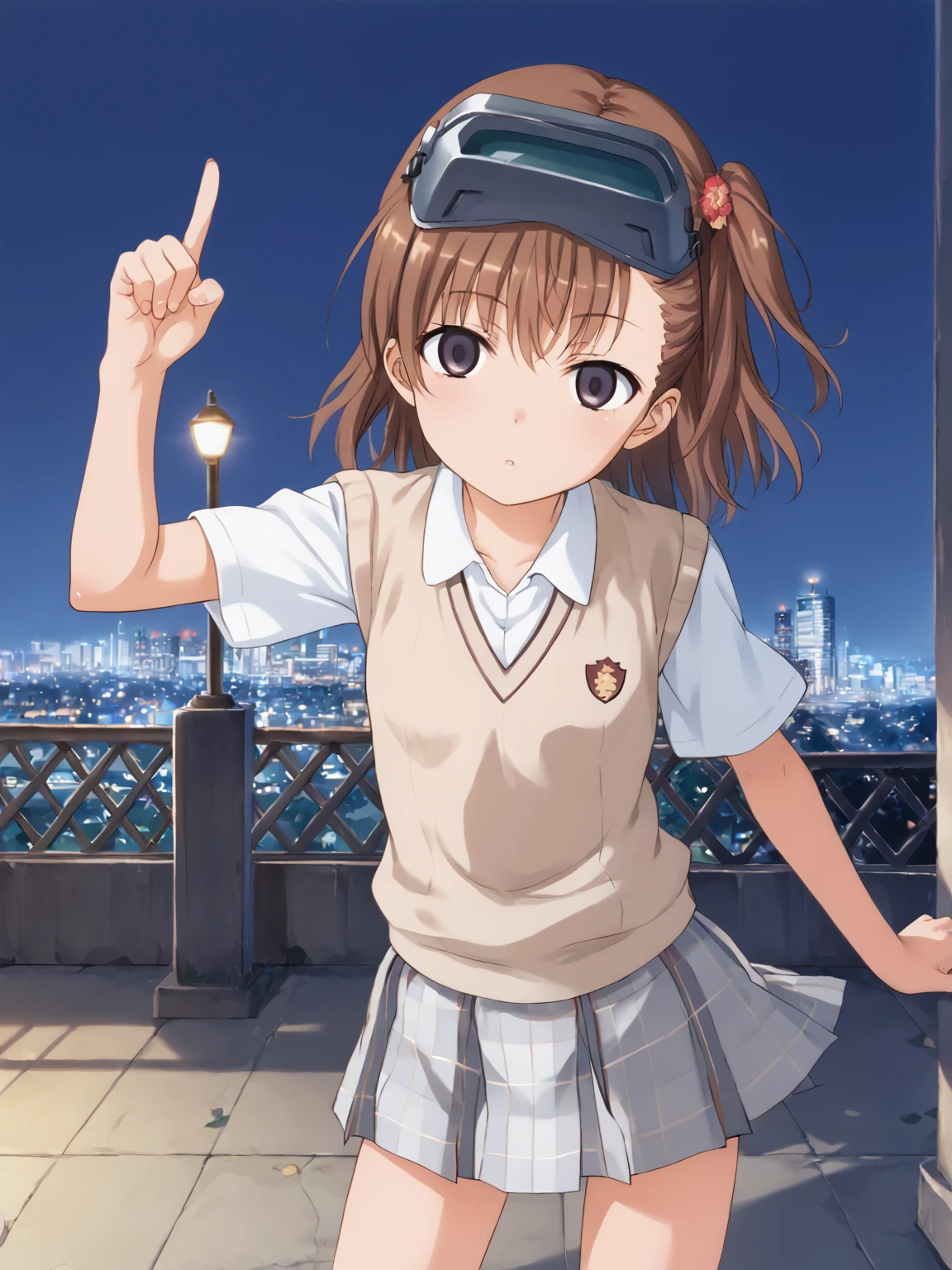 solo, <lora:misaka_imouto:1> misaka imouto,   1girl, small chest,, score_9, source_anime, score_8, , posing, (detailed:1.3),  <lora:pony_good_hands:1> good_hands,  5fingers, outside, city, night,   tokiwadai school uniform, imouto visor on head, empty eyes, general, pointing finger on viewer