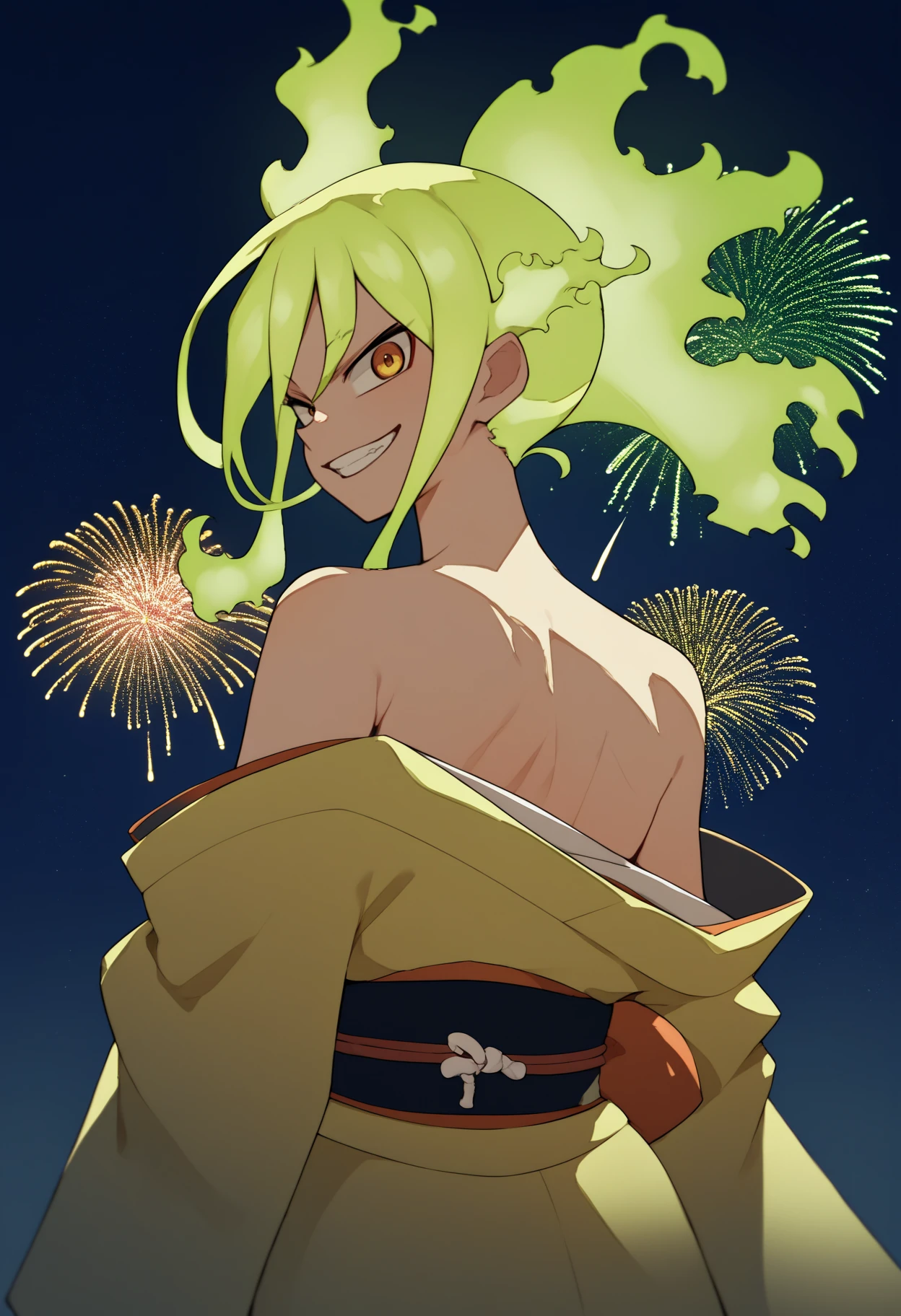 score_9, score_8_up, score_7_up, source_anime, from behind, solo, 1girl, kamiji moe, grin, looking back, green hair, fiery hair, japanese clothes, yellow kimono, off shoulder, bare shoulders, fireworks <segment:yolo-face_yolov8m-seg_60.pt,0.4,0.5>