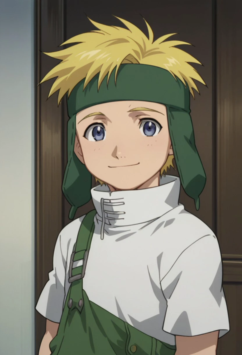 score_9, score_8_up, score_7_up, source_anime, highly detailed, 
fletchertringham, solo, 1boy, male focus, blonde hair, upper body, standing, shirt, white shirt, pants, short sleeves, headband, green pants,
overalls, forehead protector, blue eyes, smile, portrait,