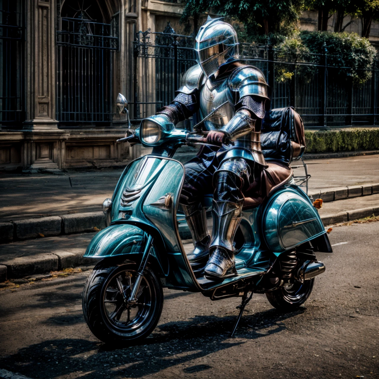 driving, motor vehicle, scooter, <lora:modernknight:0.6>, modernknight, knight, armor, helmet, armored gloves, very detailed, <lora:more_details:0.6>, high quality, highres, masterpiece, best quality, 8k, intricate, detailed, <lora:add_detail:0.6>