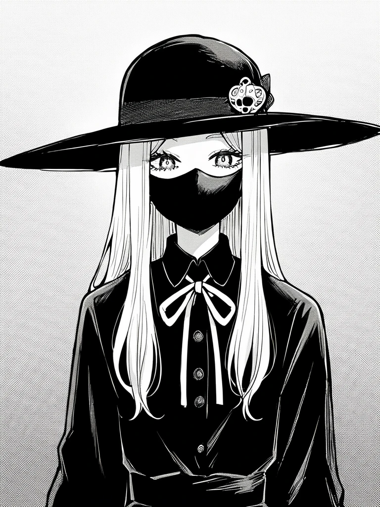 score_9, score_8_up, score_7_up, 
1girl, monochrome, ichijou michiru, white hair, parted bangs, long hair, 

mouth mask, black mask, black shirt, neck ribbon, long sleeves, black gloves, long skirt, black skirt, black hat, looking at viewer, solo,