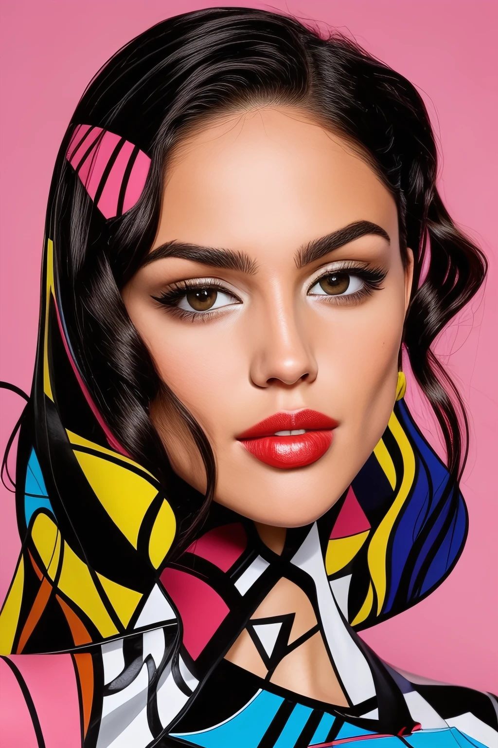 flat colors, graphic style, dynamic abstract portrait of young woman, abstract forms blended into the shapes of her face and hair, (black hair), Andy Warhol inspired, geometrical elements melted into the bold brush strokes in the faint mix of kandinsky and norman rockwell style <as_youngv2>, <likenesshelpbyshurik3>