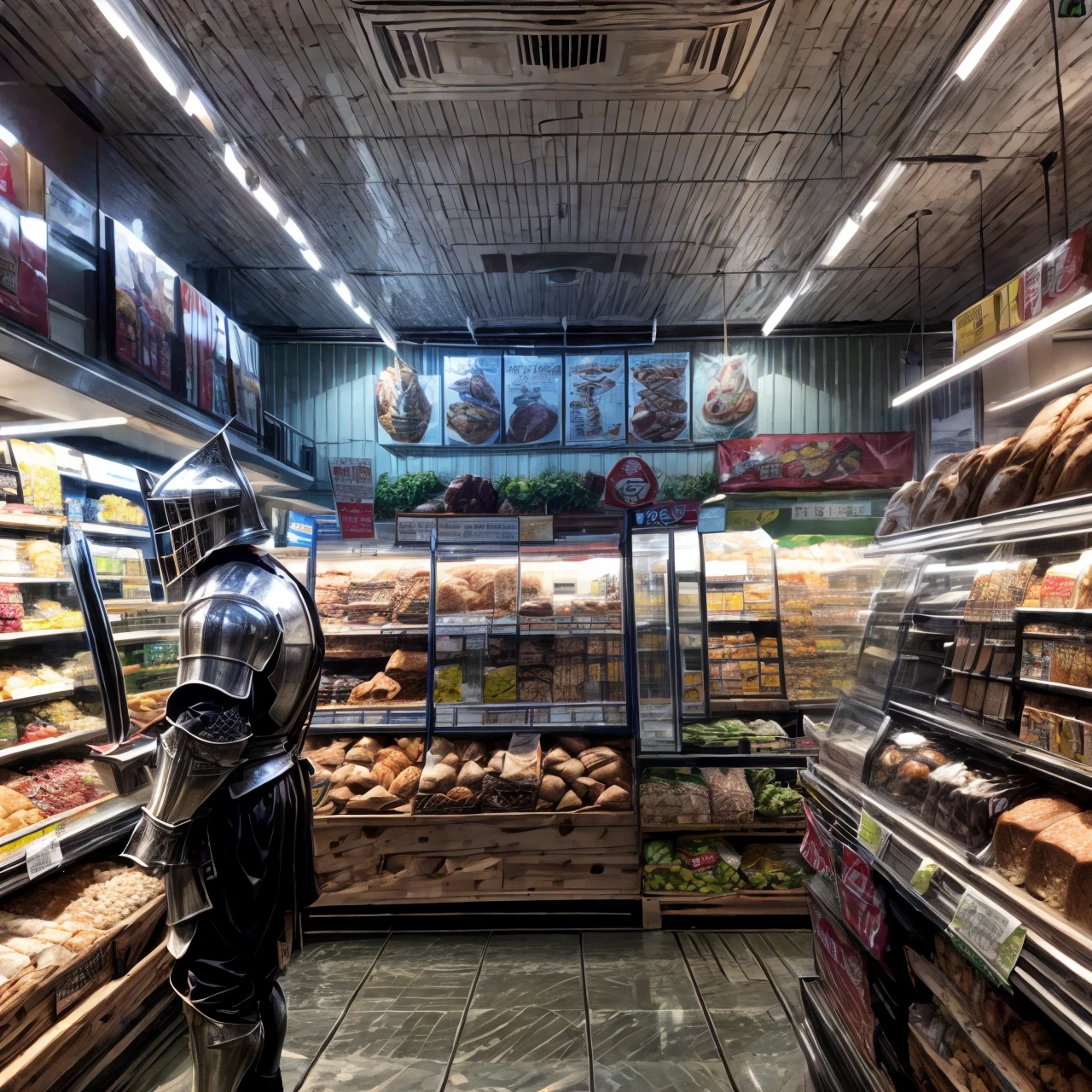 grocery store, shelves, bread, food, cashier, <lora:modernknight:0.8>, modernknight, knight, armor, helmet, very detailed, <lora:more_details:0.6>, high quality, highres, masterpiece, best quality, 8k, intricate, detailed, <lora:add_detail:0.6>