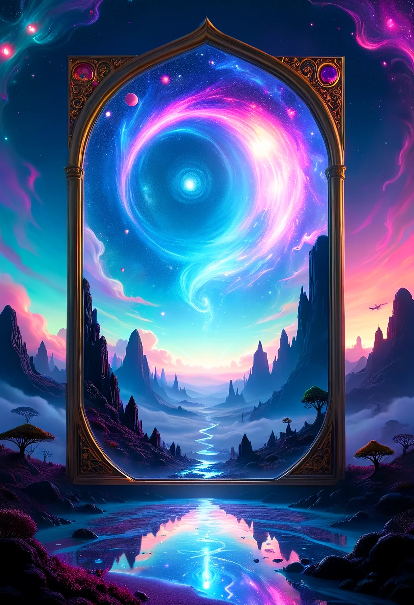 Eldritch themed cosmic skyscape, appearing through a looking glass, perfectly placed in the center, crafted by the hands of Tim Burton and Tara McPherson. With a sprinkling of cosmic and ethereal elements, this scene meets the eye at a low angle, seeping an atmospheric mood. Rendered in ultra high definition 4k, with a vivid fractal touch, borrowing surreal insights from photography <lora:Psych-Futurism:1>,pfstyle