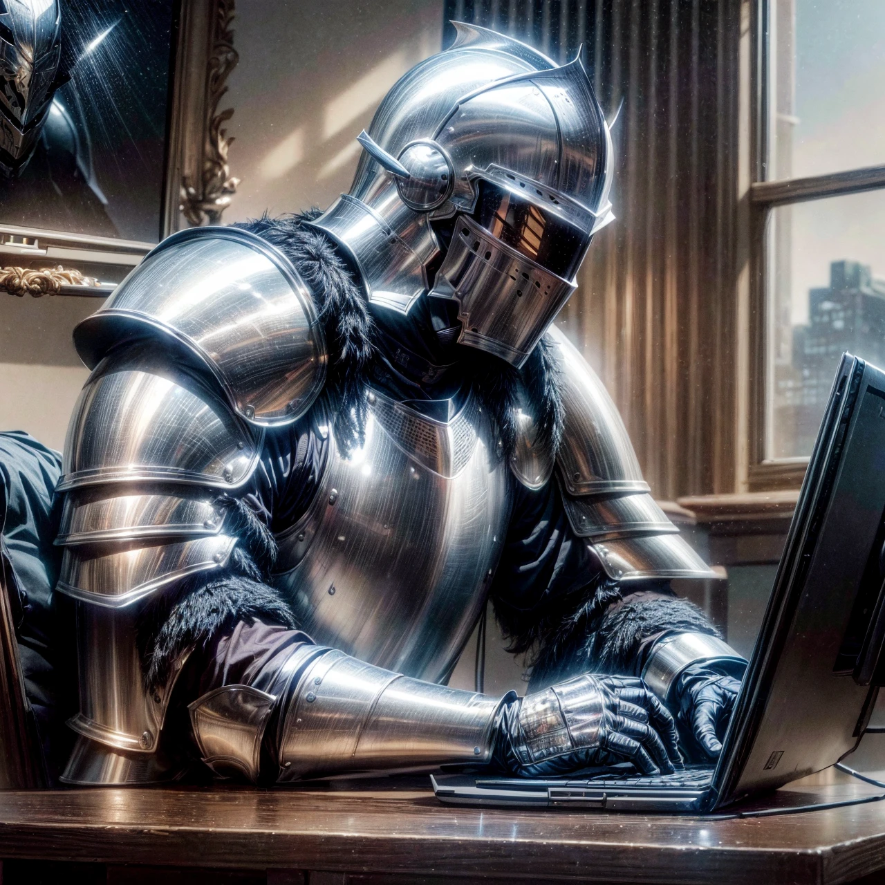 computer, typing on computer, desk, office, <lora:modernknight:0.6>, modernknight, knight, armor, helmet, armored gloves, very detailed, <lora:more_details:0.6>, high quality, highres, masterpiece, best quality, 8k, intricate, detailed, <lora:add_detail:0.6>