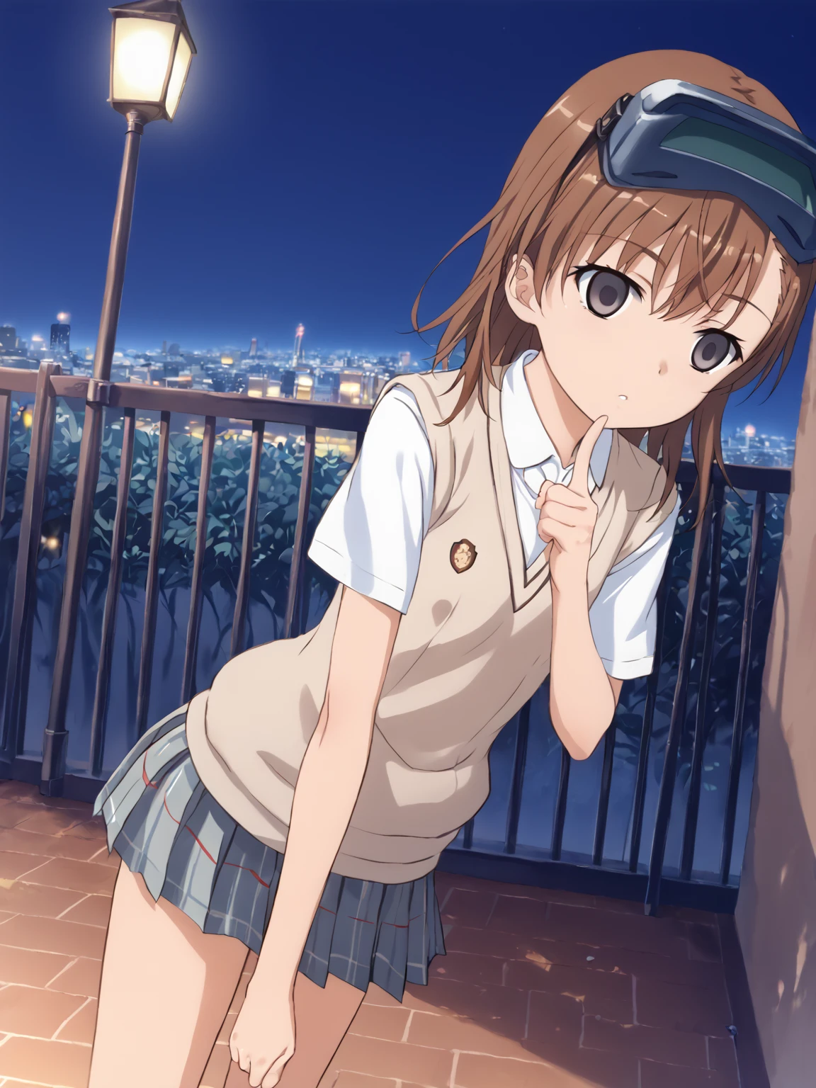 solo, <lora:misaka_imouto:1> misaka imouto,   1girl, small chest,, score_9, source_anime, score_8, , posing, (detailed:1.3),  <lora:pony_good_hands:1> good_hands,  5fingers, outside, city, night,   tokiwadai school uniform, imouto visor on head, empty eyes, general, pointing a finger at the pov