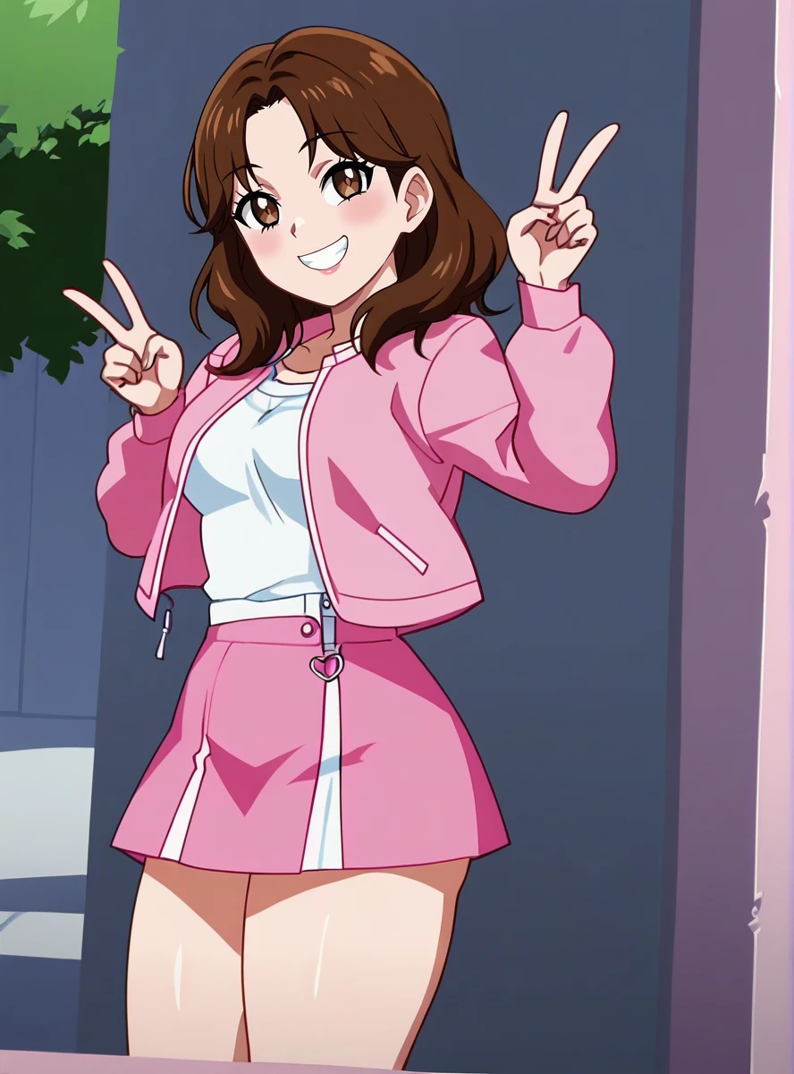 score_9, score_8_up, score_7_up, score_6_up,source_anime, ((anime screencap)), <lora:momoiakira-000010:0.9>momoiakira, 1girl, brown hair, skirt, brown eyes smile, thick thighs,  pink jacket,   solo  v_sign