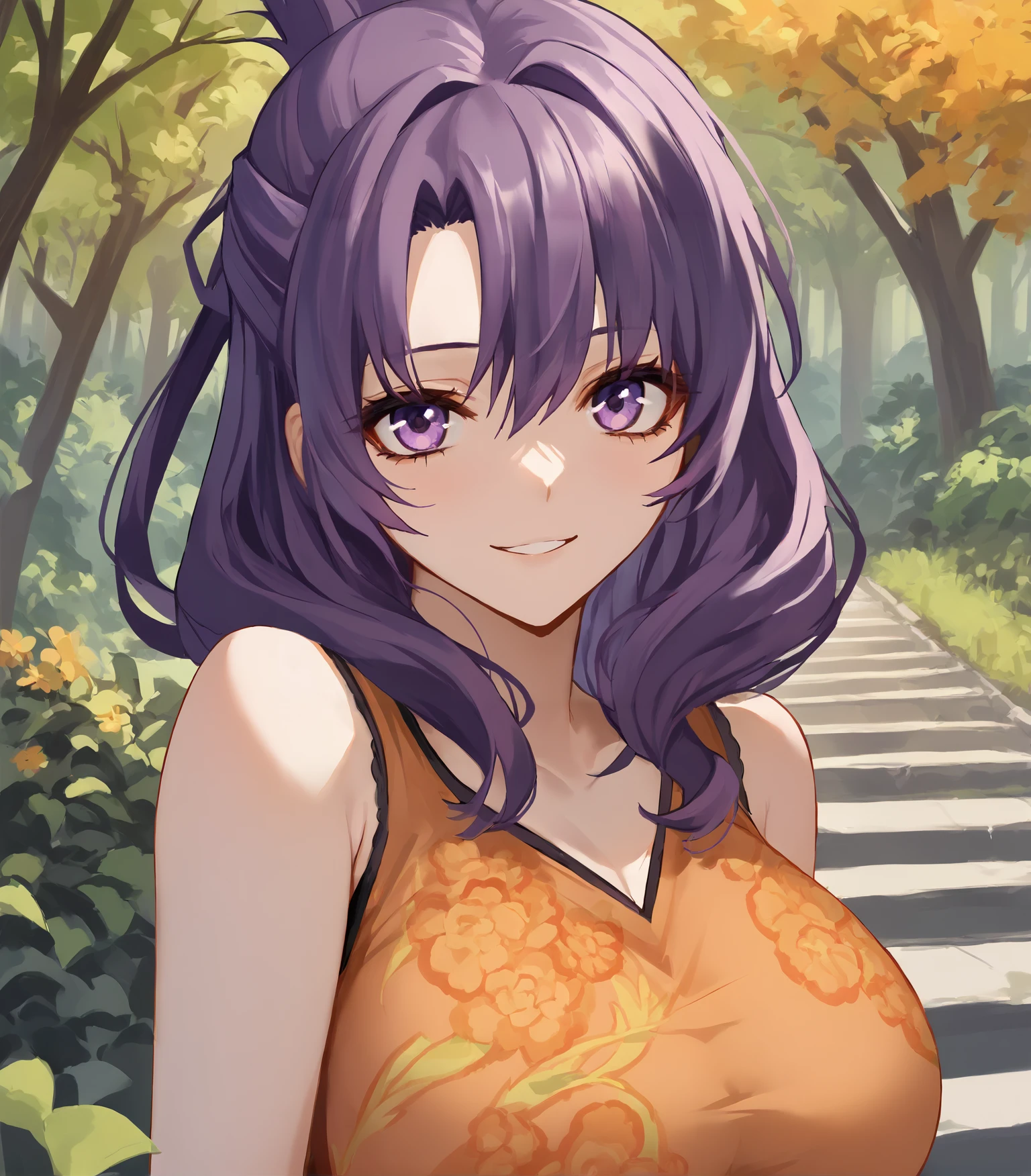 score_9, score_8_up, score_7_up, score_6_up, score_5_up, score_4_up, BREAK source_anime,
1girl, solo,  upper body, portrait ,  looking at viewer, smile, outdoors, sky, trees,
<lora:LDART_style_pony_v3:0.8>,  
 <lora:RixiaMaoCasual:0.9>, Rixia Mao, dark purple hair, medium hair, half updo, purple eyes, huge breasts, orange shirt, floral pattern, sleeveless shirt, green shorts, white shoes,