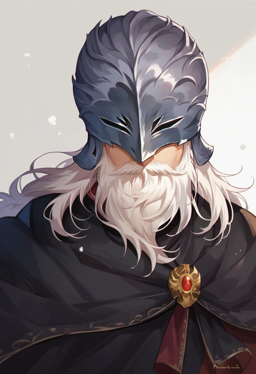 score_9, score_8_up, score_7_up, source_anime, <lora:wrenchEldenRingSirAnsbach:1>, wrnchersiransbach, helmet, mask, male focus, white hair, facial hair, beard, long hair, 
long sleeves, black capelet, black robe, cape,