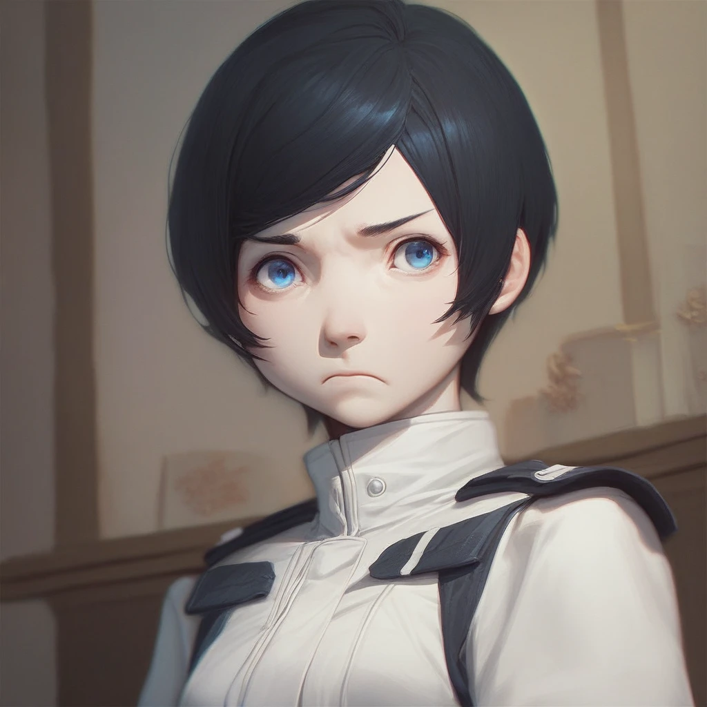 score_9, score_8_up, score_7_up, score_6_up, izana-shinatose, Shidonia-no-Kishi, 1girl, solo, looking at viewer, short hair, blue eyes, black hair, closed mouth, upper body, female focus, indoors, uniform, swept bangs, anime coloring, portrait, frown