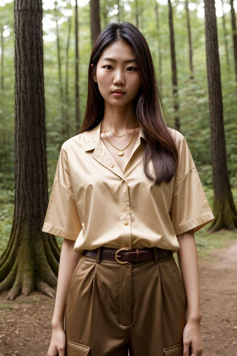 Asian woman, closeup, (shirt), pants, (Olympic national park), gold necklace , KM_chantana, wide shoulders, perfect face, (contact iris: 1.1), pale skin, skin pores , depth of field