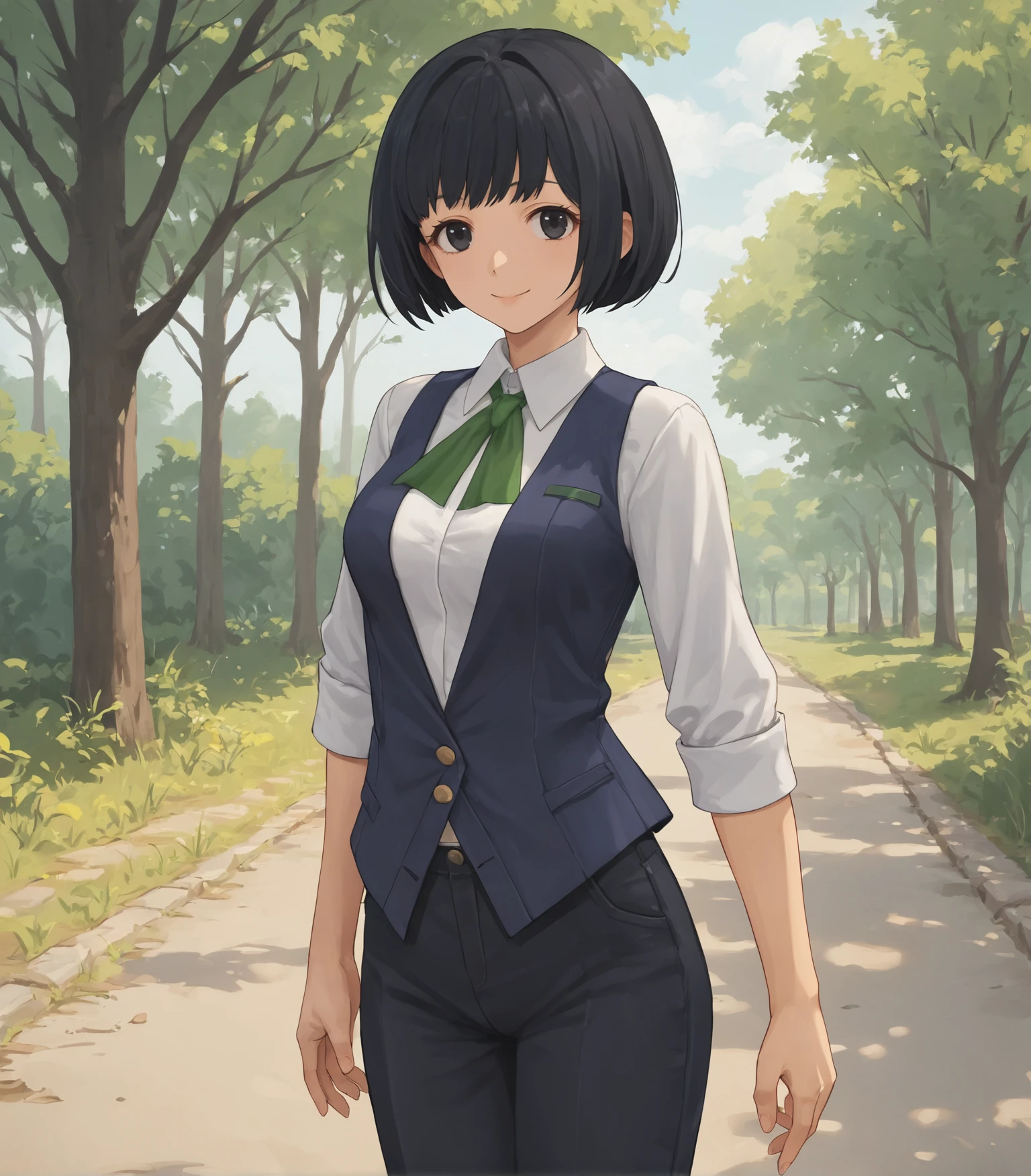 score_9, score_8_up, score_7_up, score_6_up, score_5_up, score_4_up, BREAK source_anime,
1girl, solo, cowboy shot , looking at viewer, smile, outdoors, sky, trees,
<lora:Shino:0.9>, Shino, short hair, black hair, bob cut, black eyes, medium breasts, white shirt, blue vest, green neckwear, black pants, blue shoes, high heels