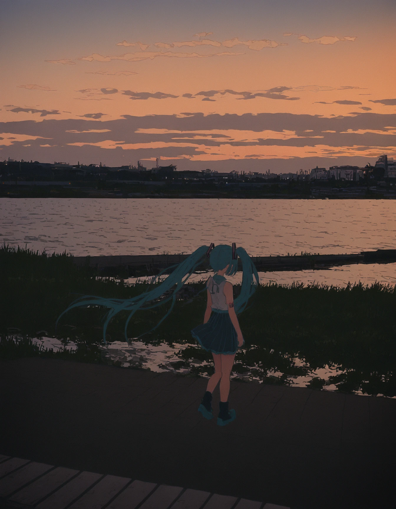 1girl, solo, wide shot, hatsune miku, outdoors, evening, water, scenery, <lora:nkymyura:1>