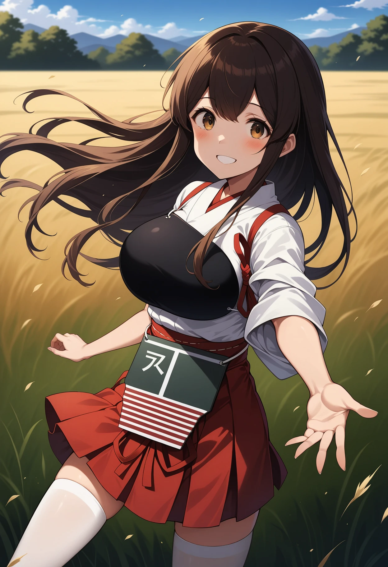 (masterpiece, best quality, very aesthetic, ultra detailed), intricate details, 4k, aaakagi, long hair, brown hair, brown eyes, japanese clothes, muneate, tasuki, hakama skirt, red hakama, white thighhighs, <lora:akagi_(kancolle)_animagine_v1:0.9>, standing, cowboy shot, smile, outdoors, field, wind, (reaching:1.3), outstretched arm,