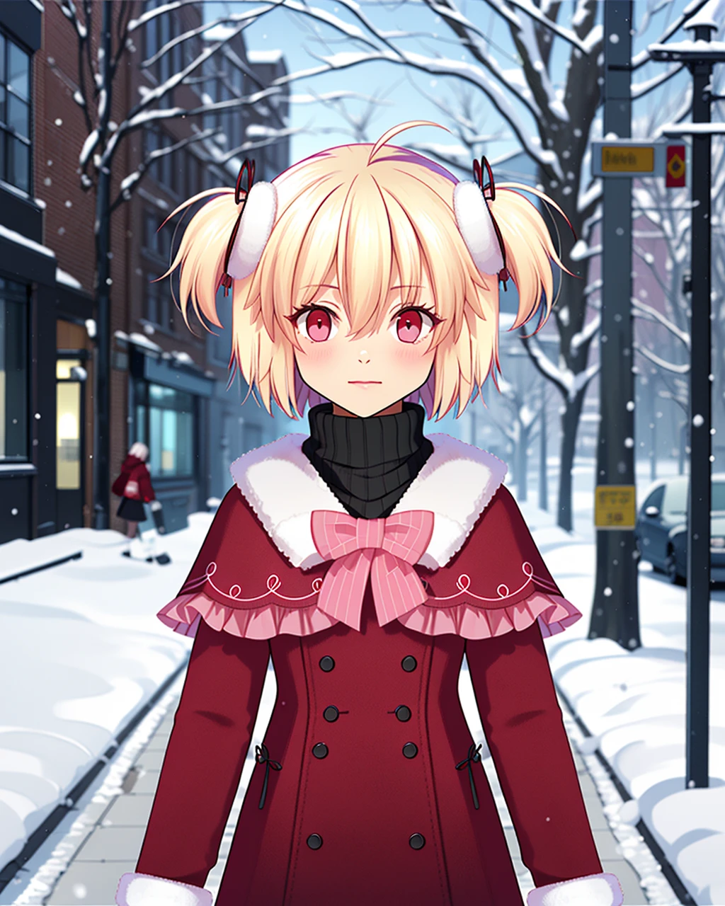 masterpiece, high quality, mgrcayanorika, 1girl, walking, upper body, medium shot, blonde hair, short twintails, ahoge, red eyes, red with white winter coat, black sweater, pink and black bowties, red with white shawl, white hair clips, pink skirt, outdoors, city, street, winter, snow, <lora:mgrcayanorika:0.95>