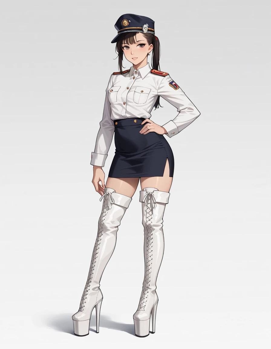 score_9, score_8_up, score_7_up, score_6_up, score_5_up, score_4_up, 1girl, solo, ((army costume)), pencil skirt, button up jacket, cuffs, ((rank chevron insignia)), tucked tie, white shirt, starched collar, heels, updo hair, ((backseam)) stockings, ((side cap)) ,  hud_pl3aser_infin1ty3028, white high heel thigh boots, platform footwear, <lora:hud_pl3aser_infin1ty3028_XLP:0.7>,