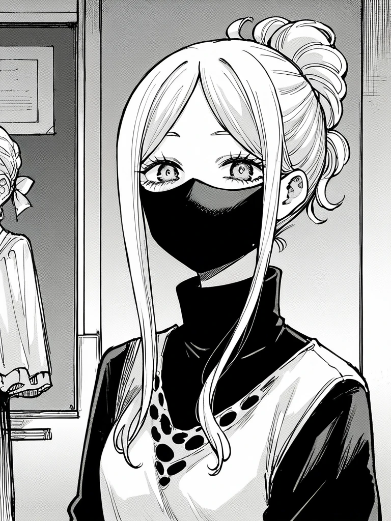 score_9, score_8_up, score_7_up, 
1girl, monochrome, ichijou michiru, white hair, parted bangs, hair up,

black shirt, turtleneck, white dress, standing, mouth mask, black mask, looking at viewer,