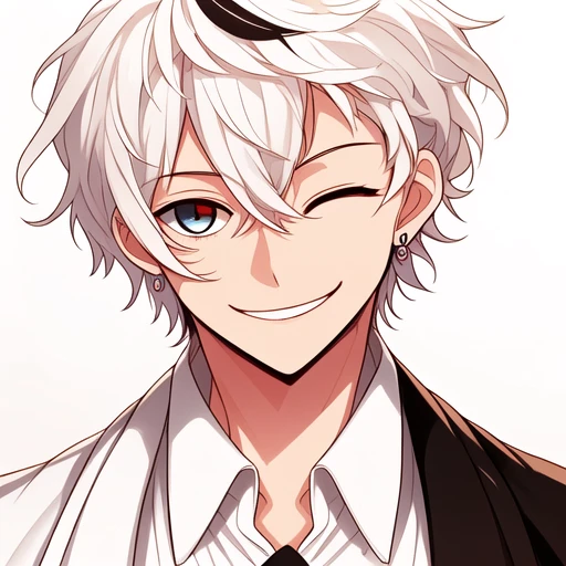 1boy, shirt, heterochromia, one eye closed, two-tone hair, jewelry, white hair, male focus, split-color hair, smile